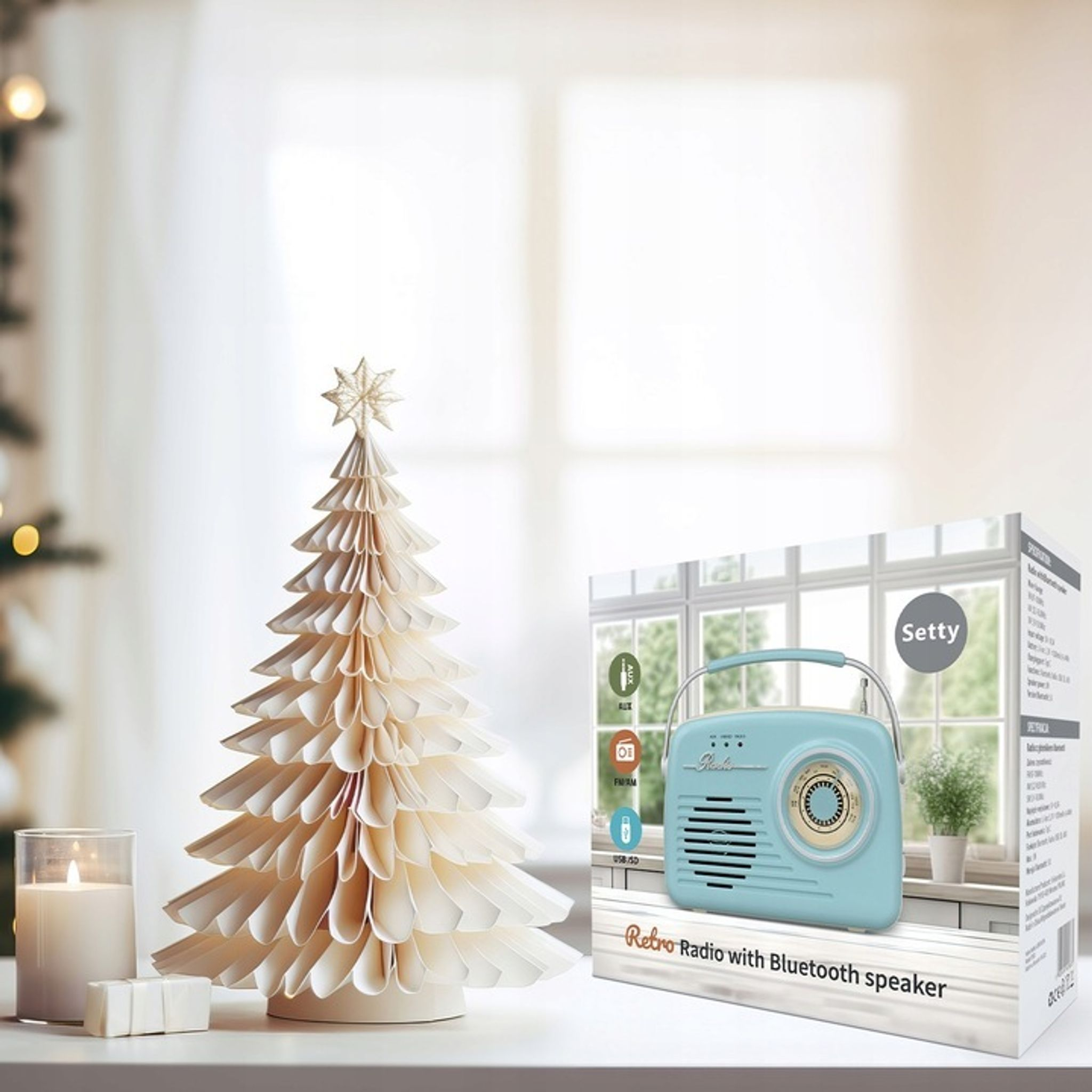 Jasnoniebieskie radio retro z głośnikiem Bluetooth stoi obok papierowej choinki.