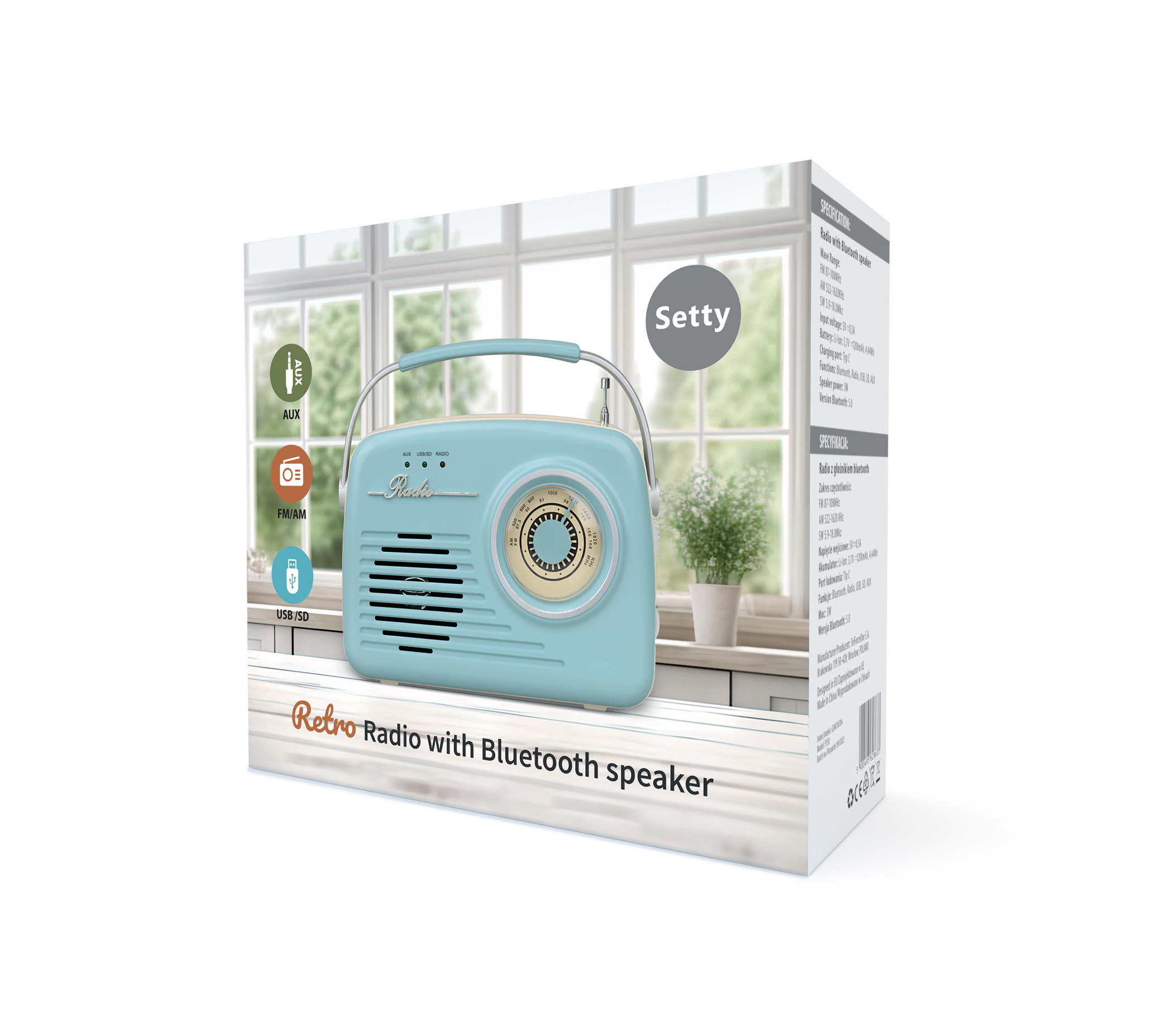 Jasnoniebieskie radio retro z głośnikiem Bluetooth, postawione na drewnianym stole.