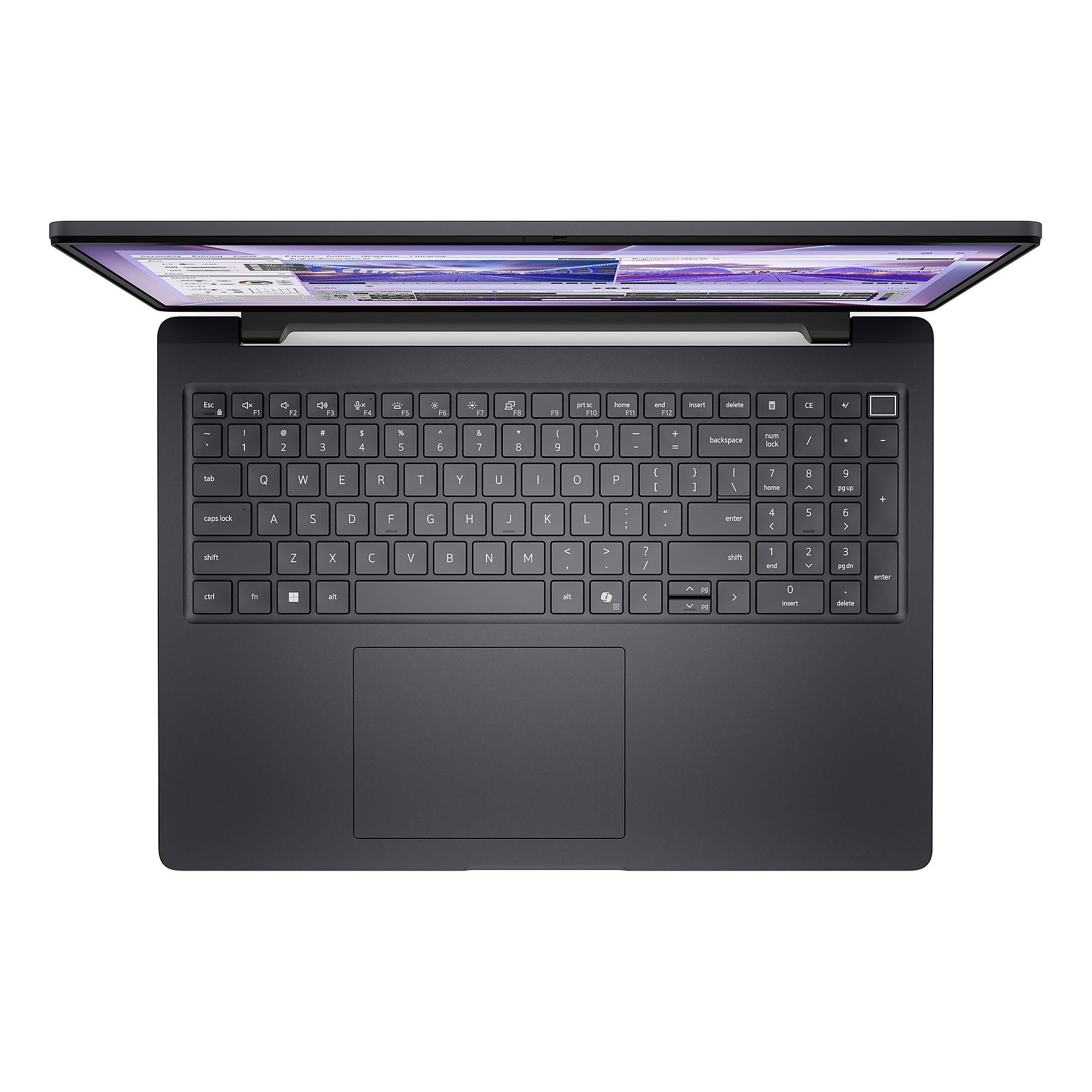 Un laptop scuro con lo schermo aperto, che mostra tastiera e touchpad.