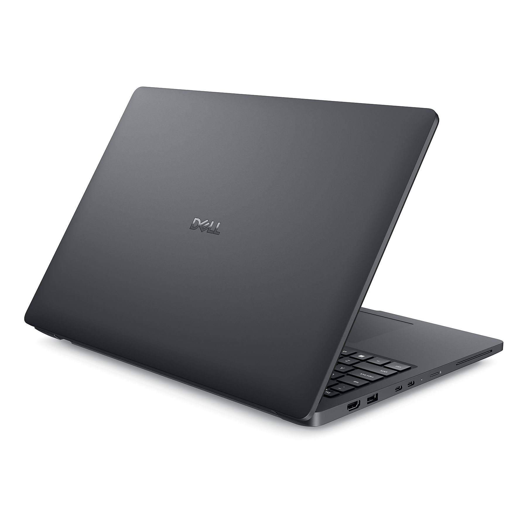 Un laptop Dell grigio scuro con lo schermo aperto, appoggiato su una superficie bianca.