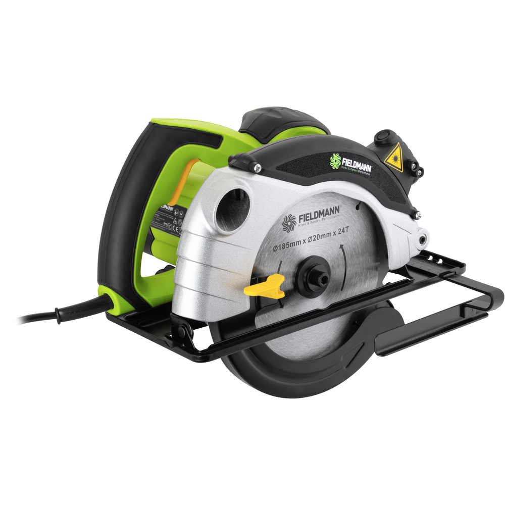 Zielona i srebrna piła tarczowa z żółtą dźwignią i czarnym uchwytem.