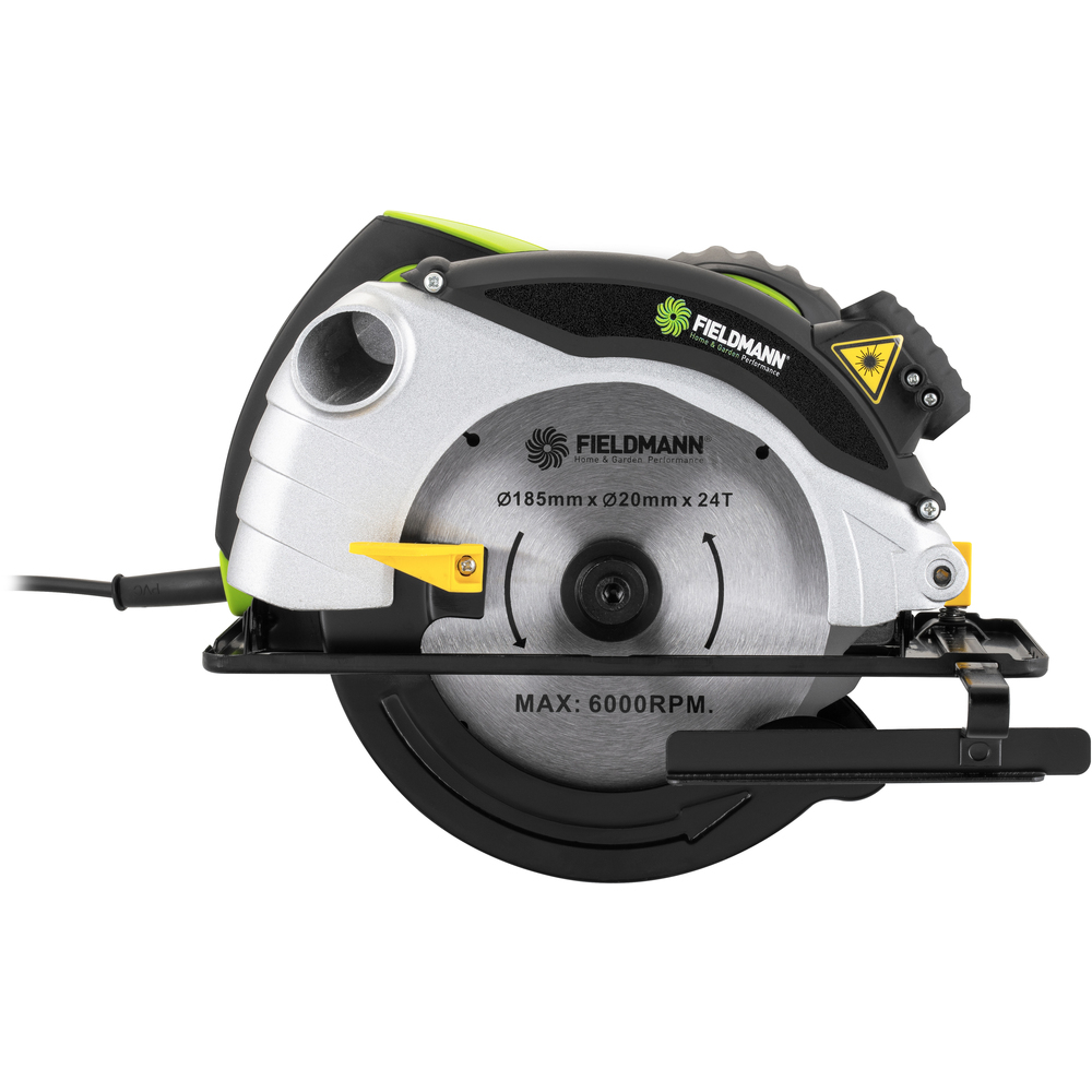 Pilarka tarczowa FIELDMANN z czarnym uchwytem, srebrną obudową i zielonymi akcentami.