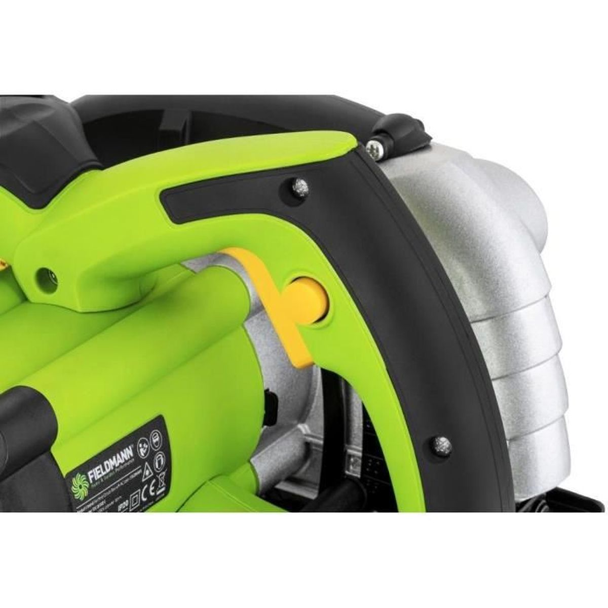 Zbliżenie zielonej i czarnej piły tarczowej ze srebrnym ostrzem.