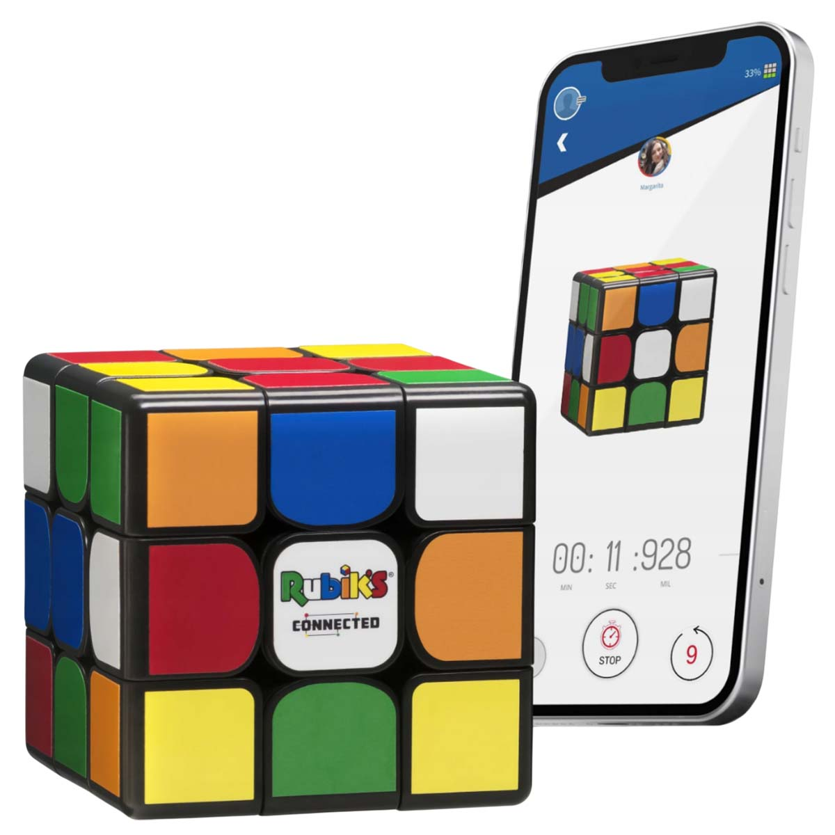 Un cubo Rubik's Connected accanto a uno smartphone che mostra un'app con un cubo e un timer.