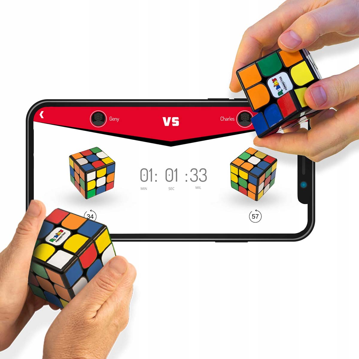 Mani che tengono cubi di Rubik vicino a un telefono che mostra un gioco con timer.
