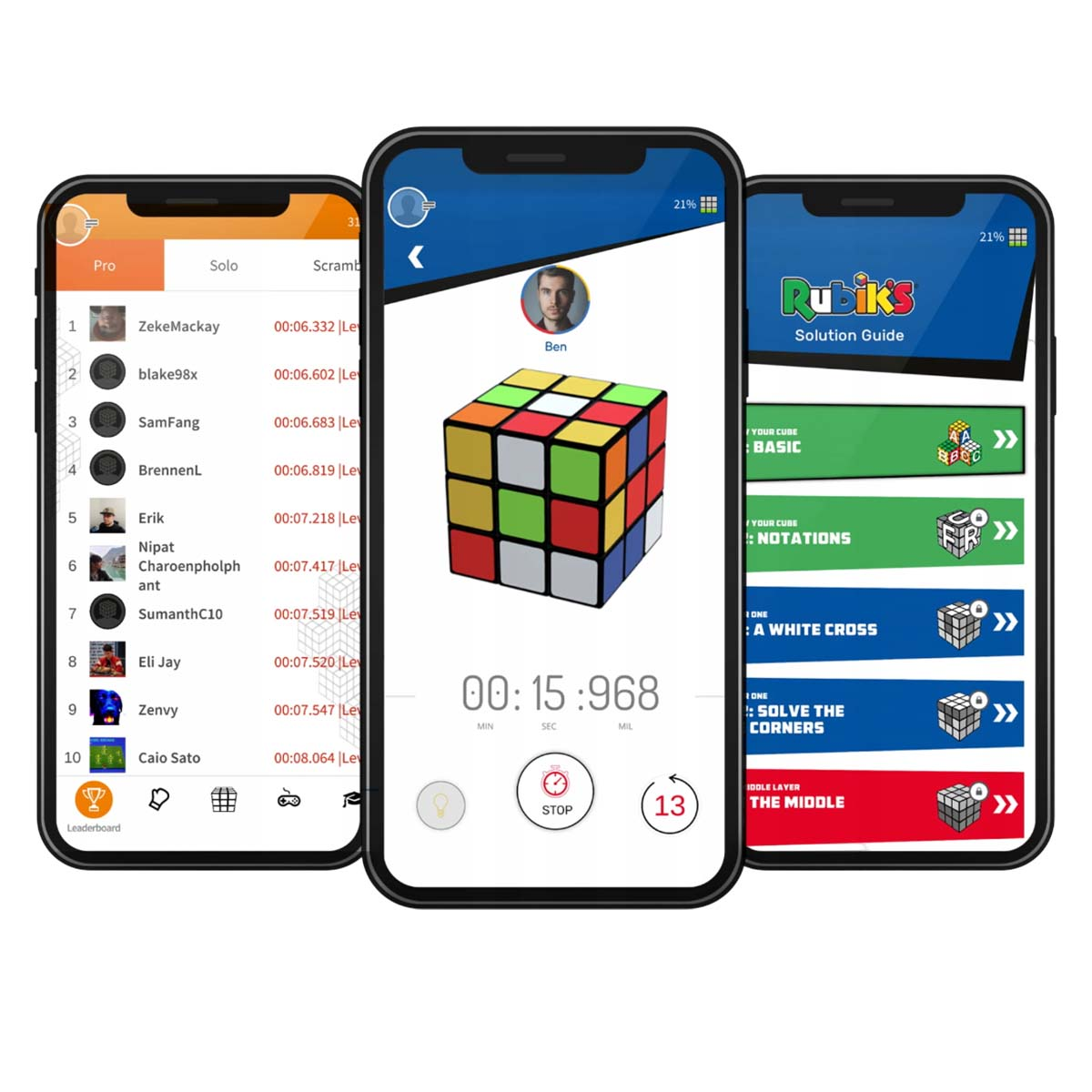 Tre smartphone mostrano app del Cubo di Rubik: classifica, timer e guida.