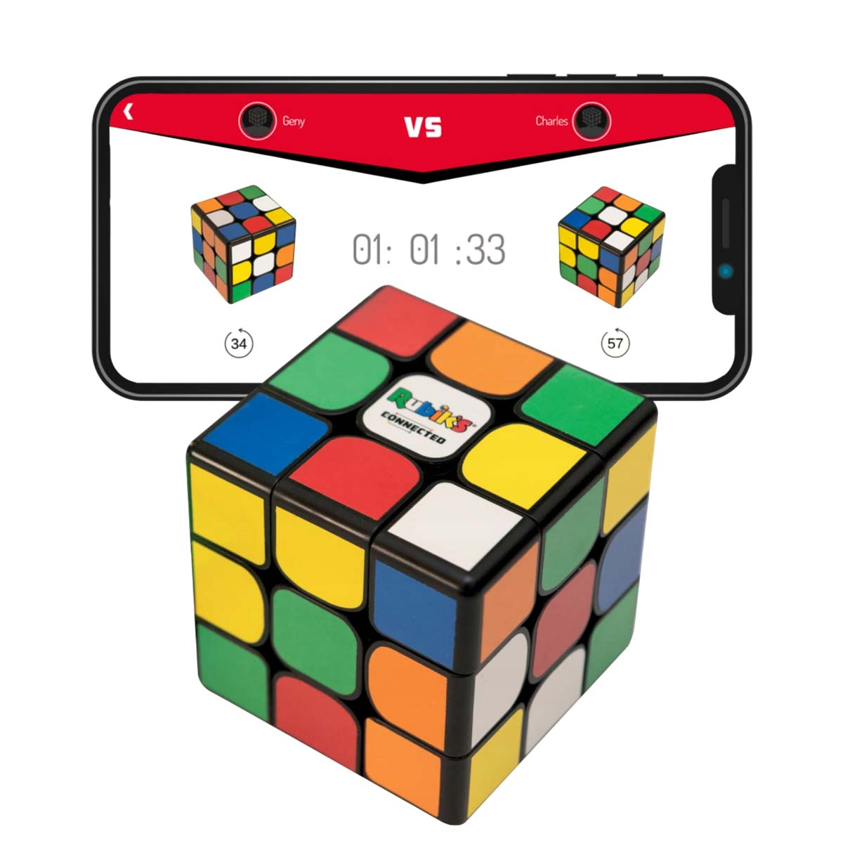 Un cubo Rubik's Connected davanti a uno schermo del telefono che mostra un gioco.