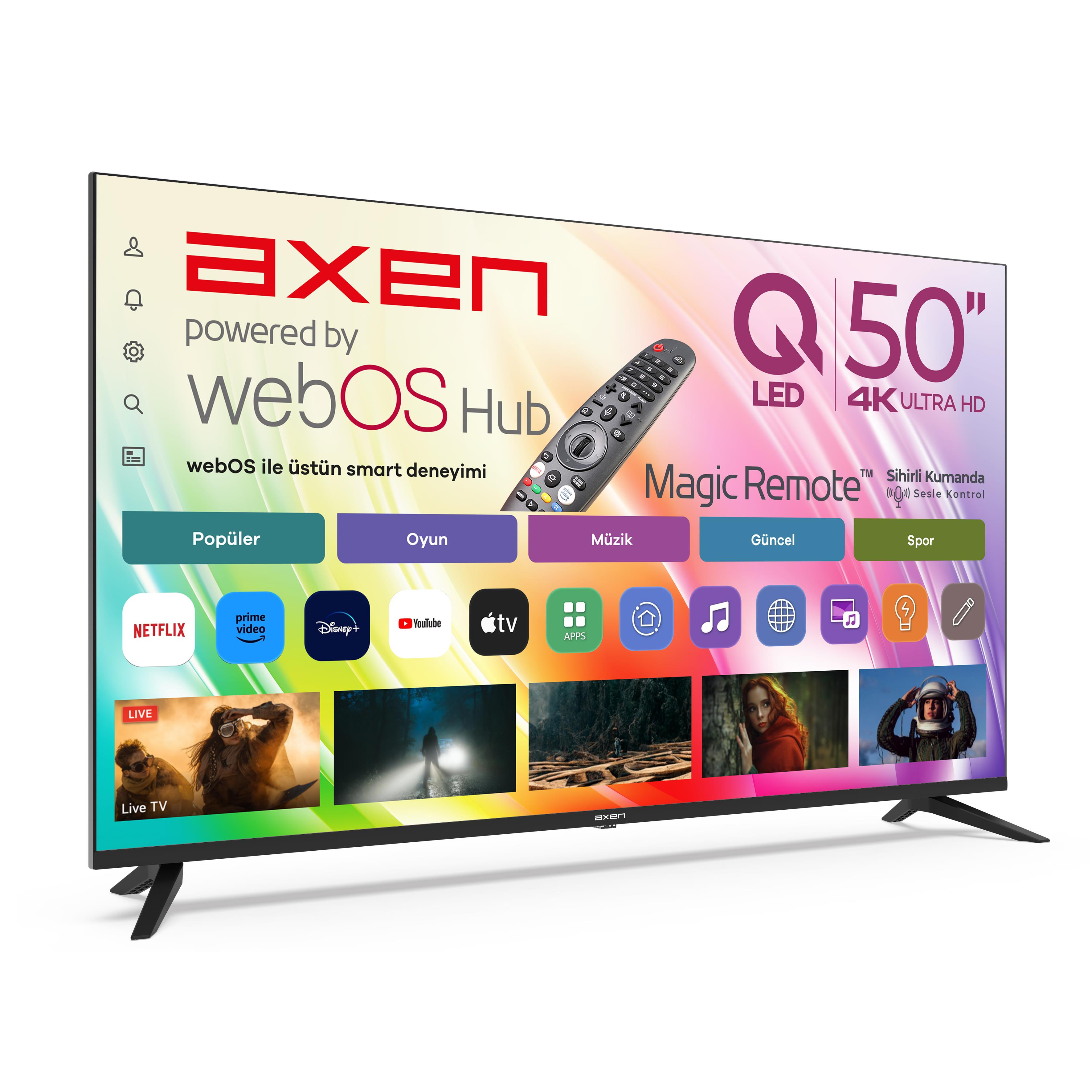 Magic Remote ve WebOS arayüzlü Axen 50 inç 4K LED TV.