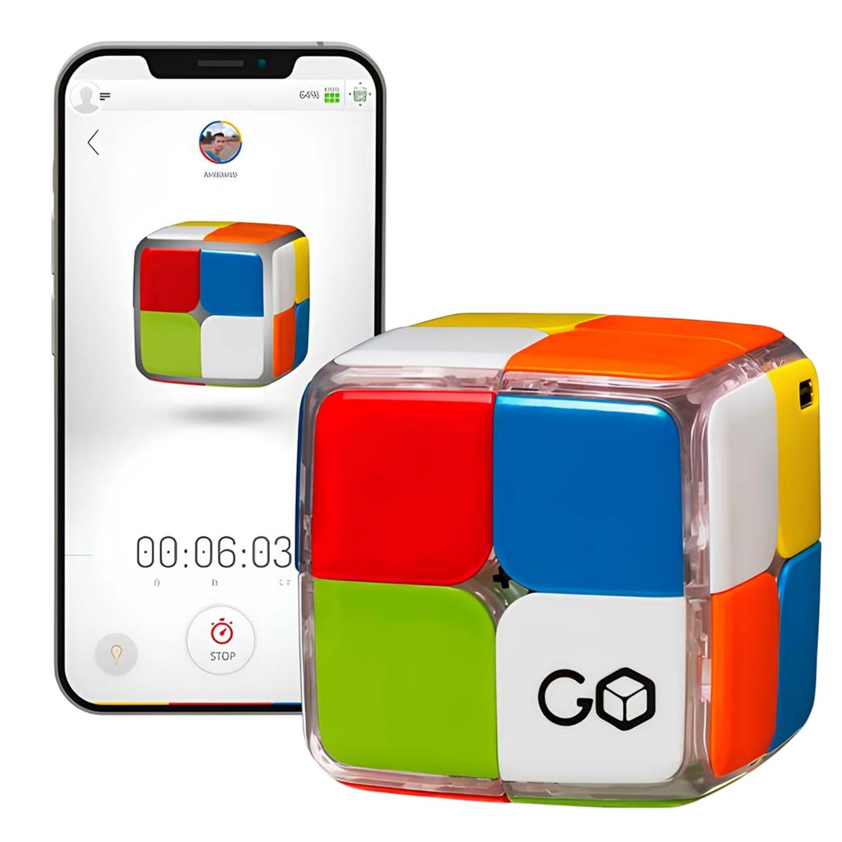 Un cubo colorato e uno smartphone con un timer sullo schermo.