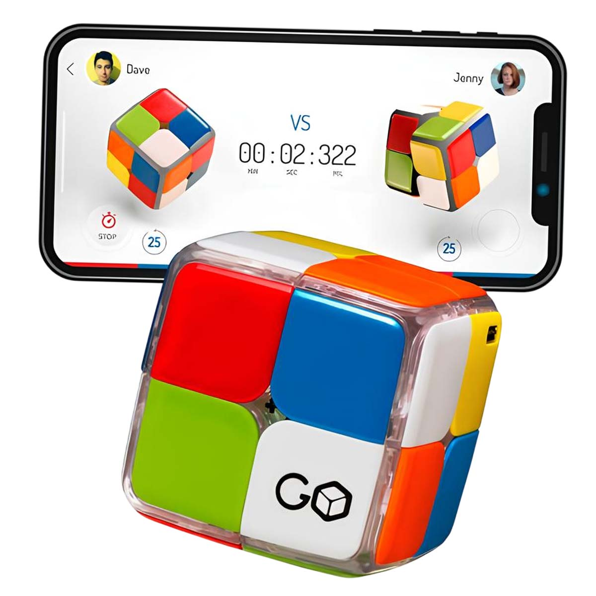 Un cubo di Rubik 2x2 colorato riposa davanti a uno smartphone che mostra un duello.