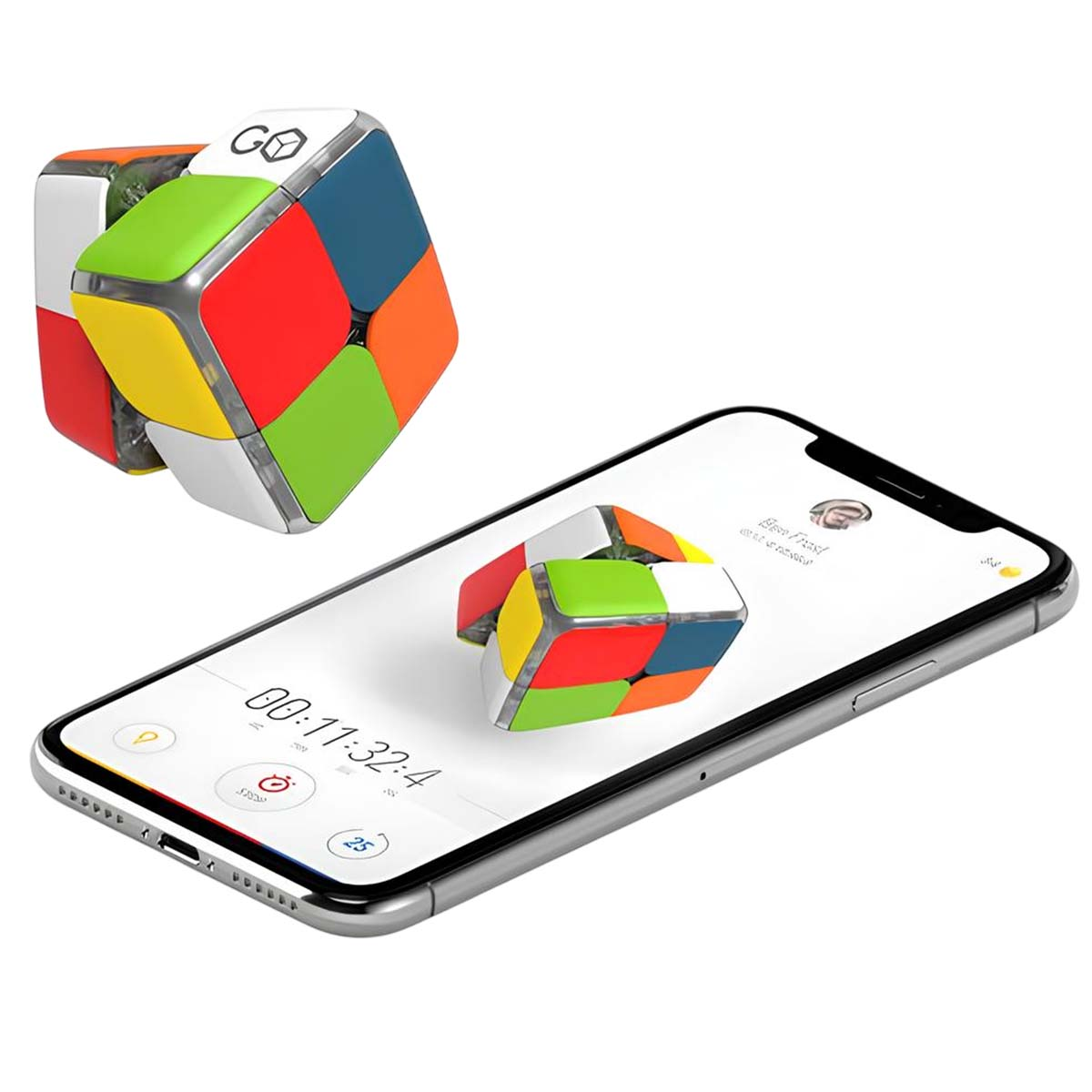 Un piccolo cubo colorato con logo 'GO' accanto a uno smartphone che visualizza lo stesso puzzle.