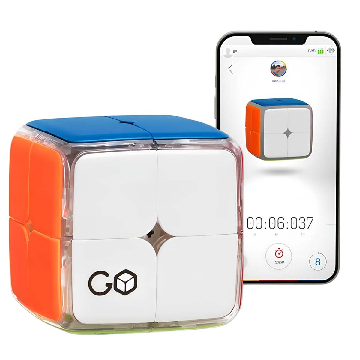 Un cubo 2x2 bianco con lati arancioni e coperchio blu accanto a uno smartphone che mostra un timer.