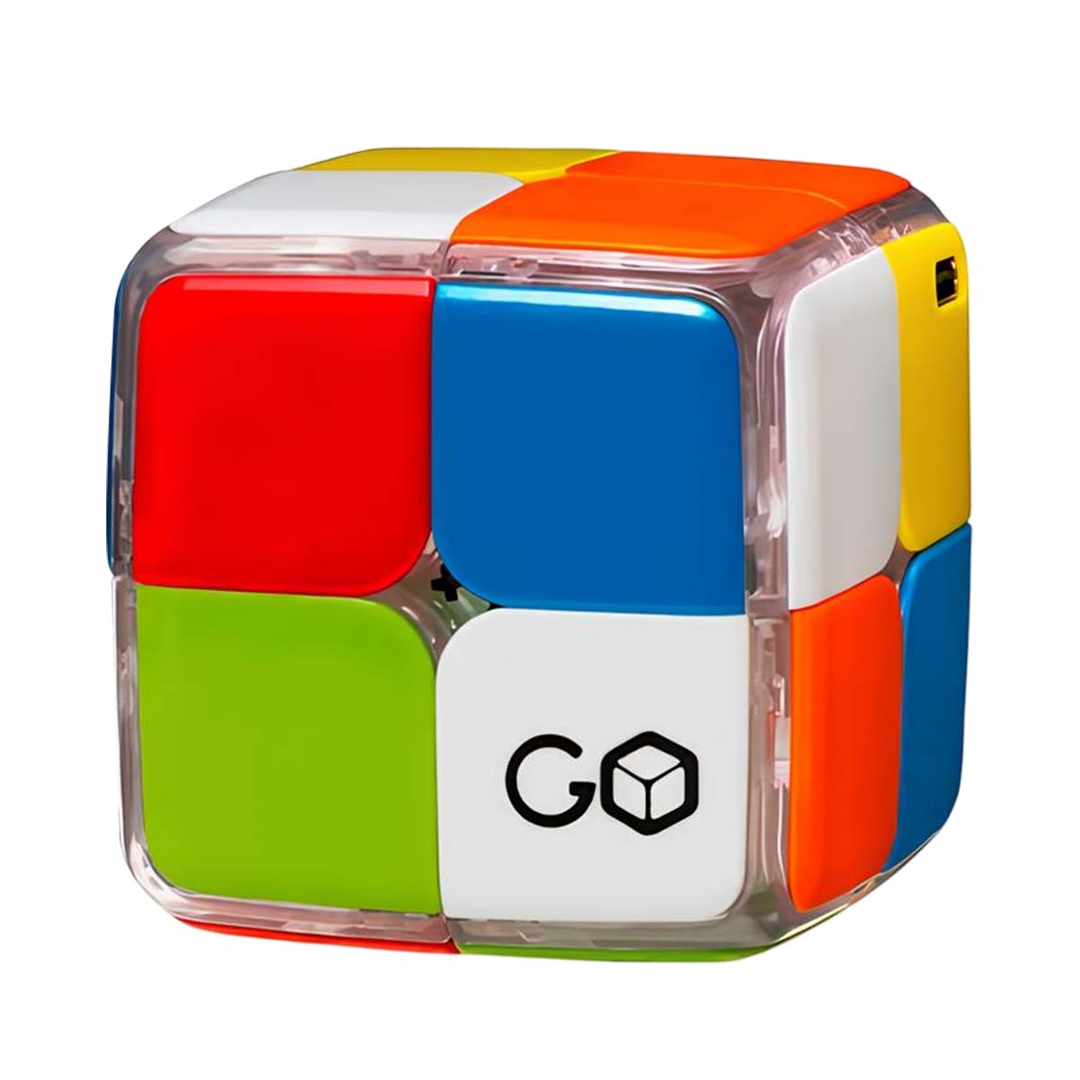 Un cubo 2x2 colorato con custodia trasparente e logo 'GO'.