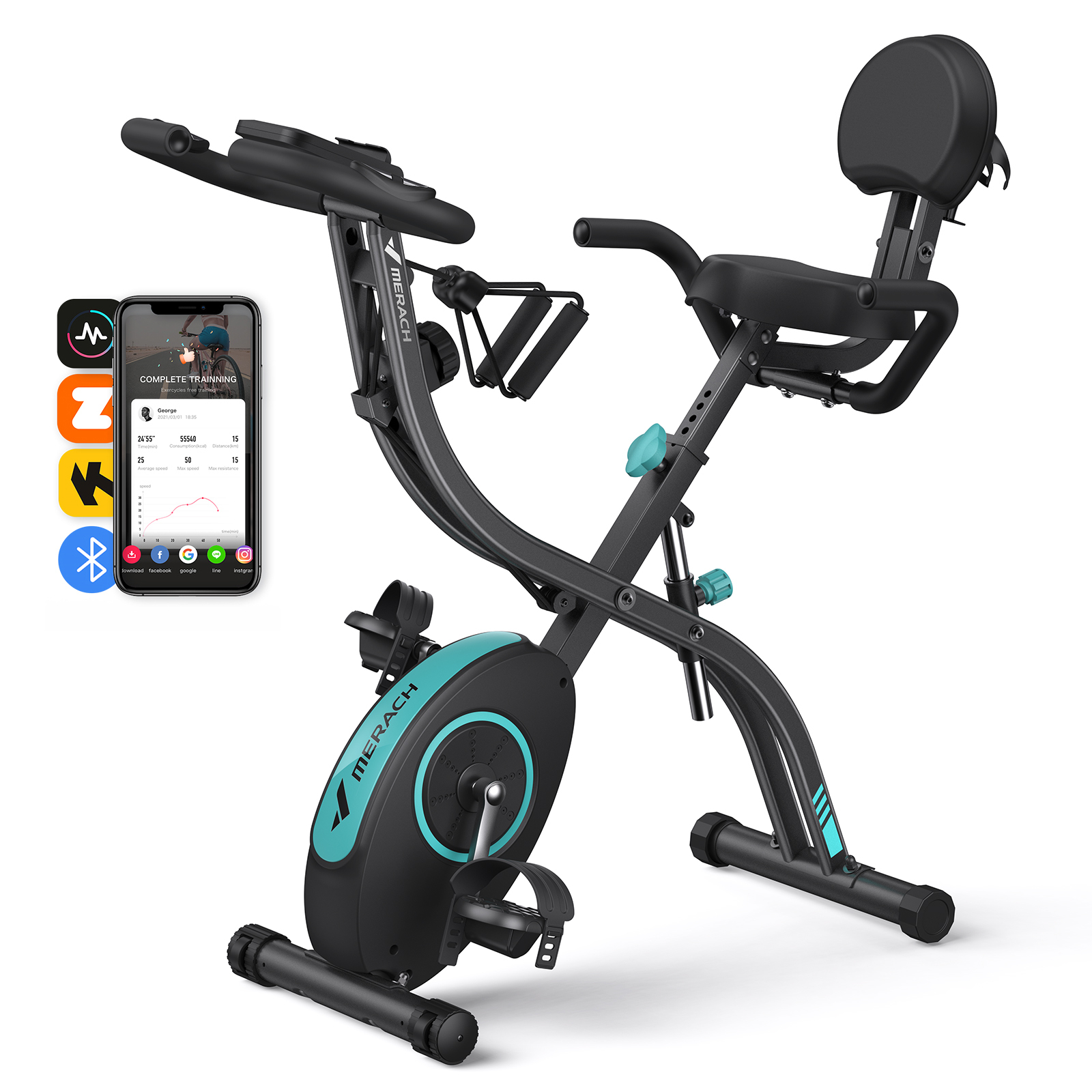 Ein schwarzes und türkisfarbenes Heimtrainer mit Smartphone-App-Anzeige. Bietet Griffe und ein Rückenteil.