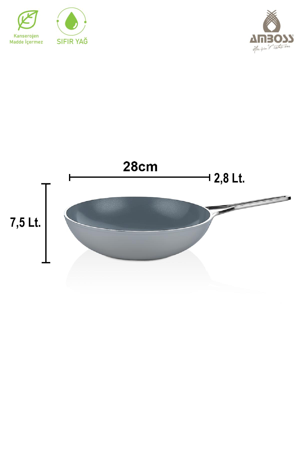 28cm çapında, 7,5Lt kapasiteli gri wok.