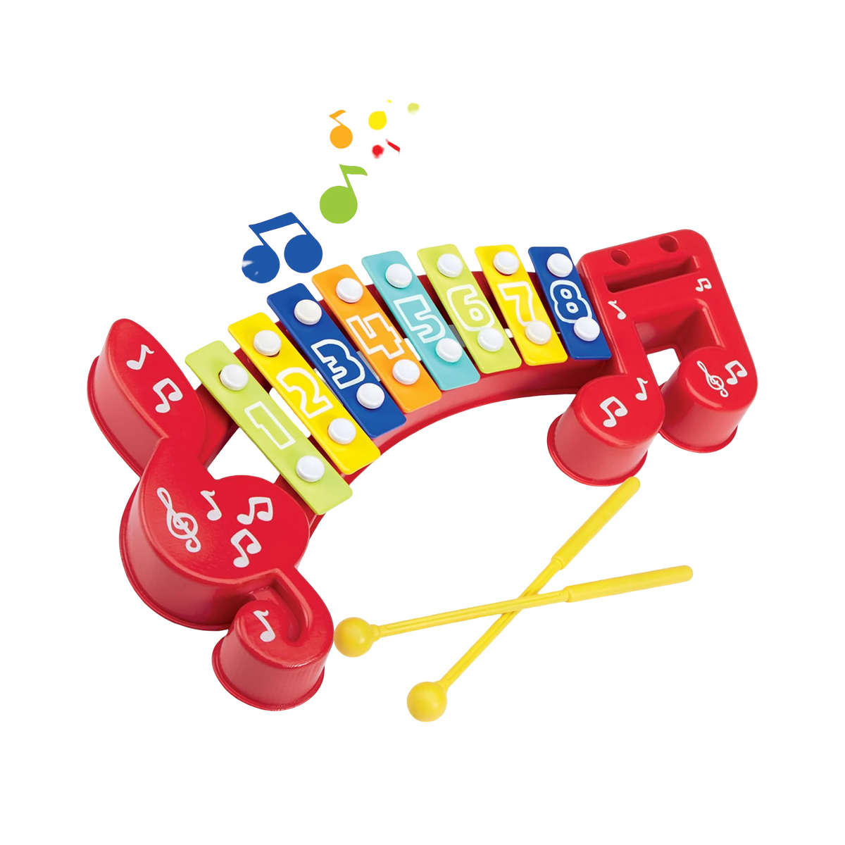 Uno xilofono colorato per bambini con note musicali e martelletti.