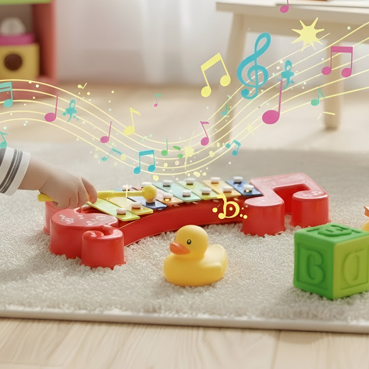 Un bambino suona uno xilofono colorato con note musicali fluttuanti. Papera gialla e blocco verde vicini.