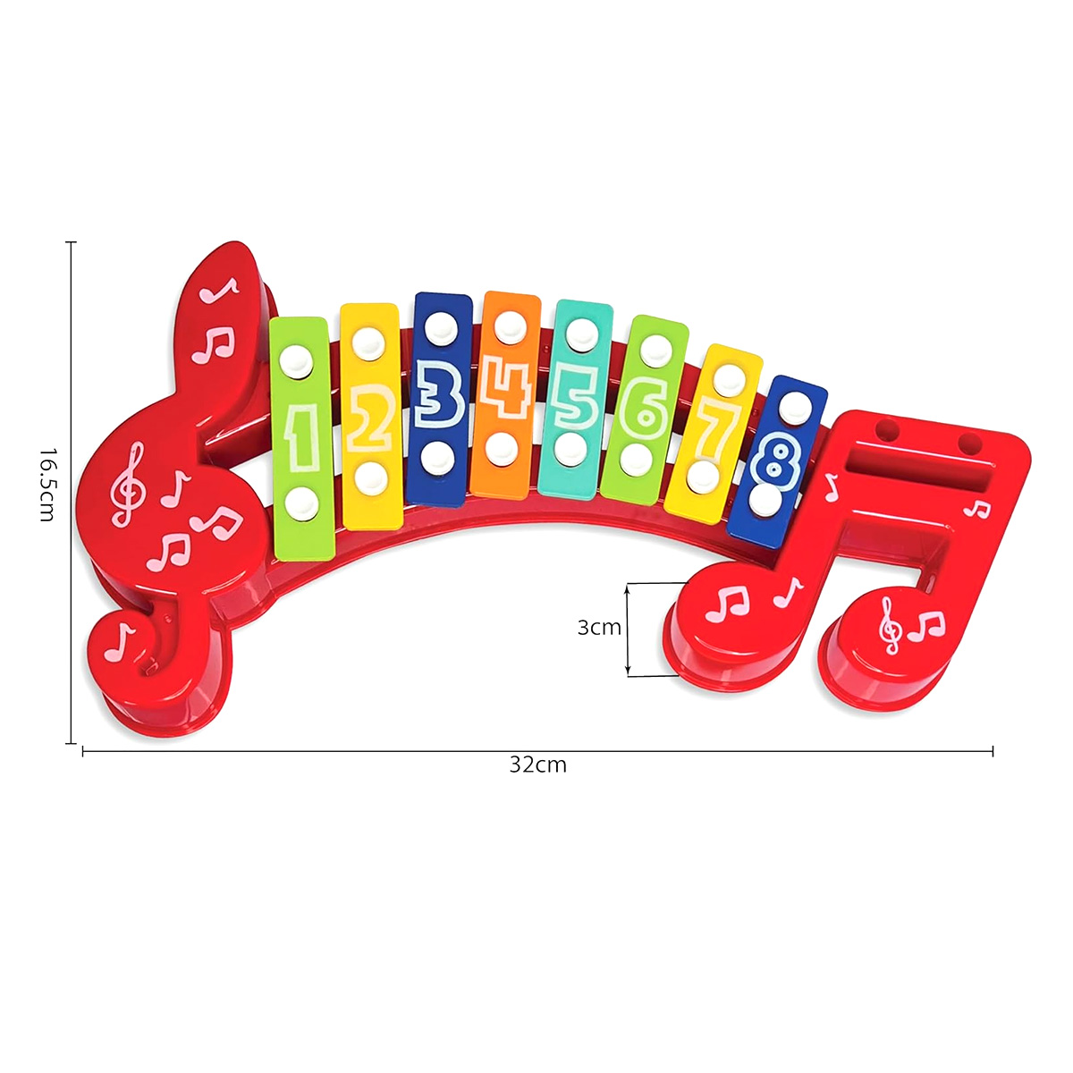Un xilofono giocattolo rosso con barre colorate numerate 1-8, a forma di note.