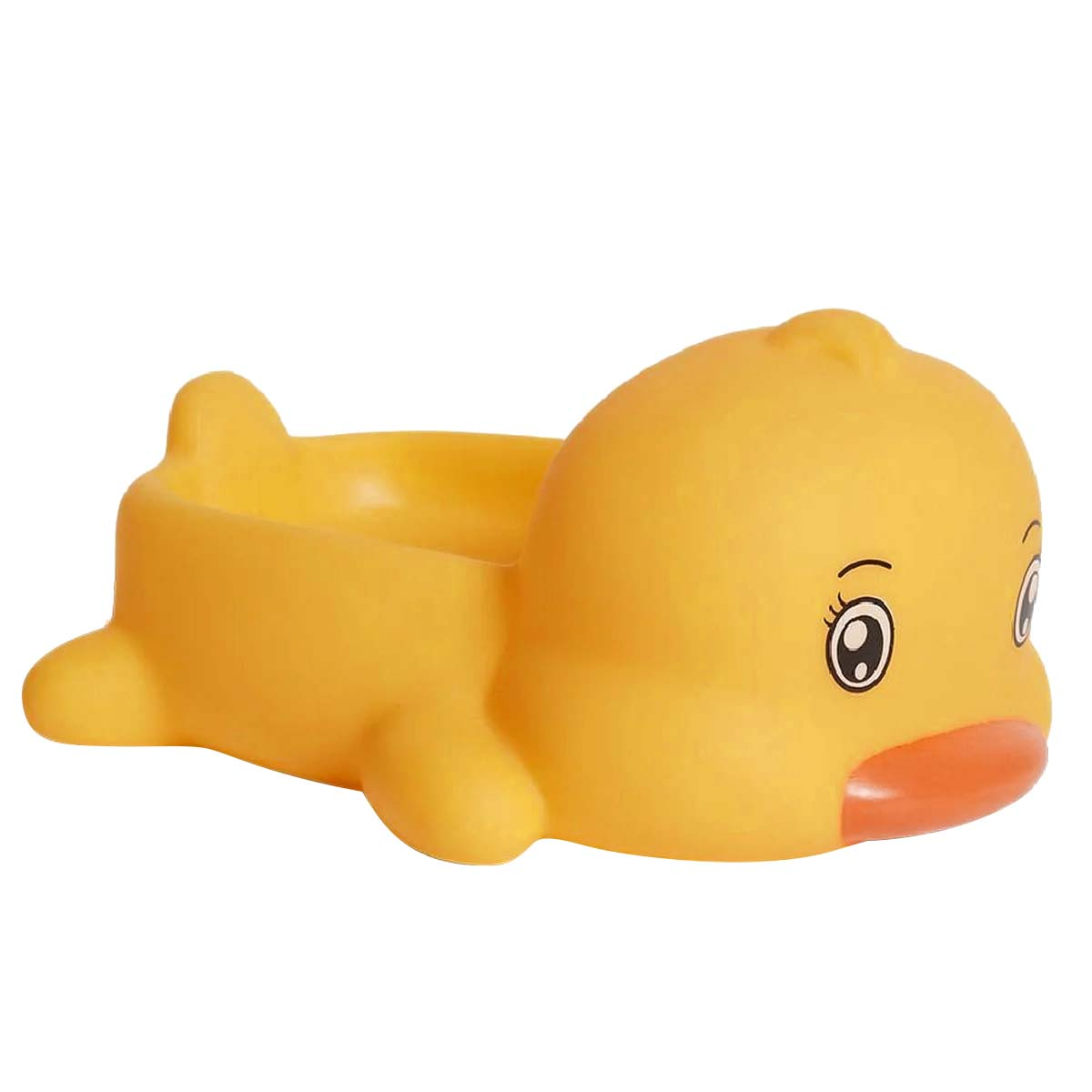 Un contenitore giallo a forma di papera per giocattoli da bagno.