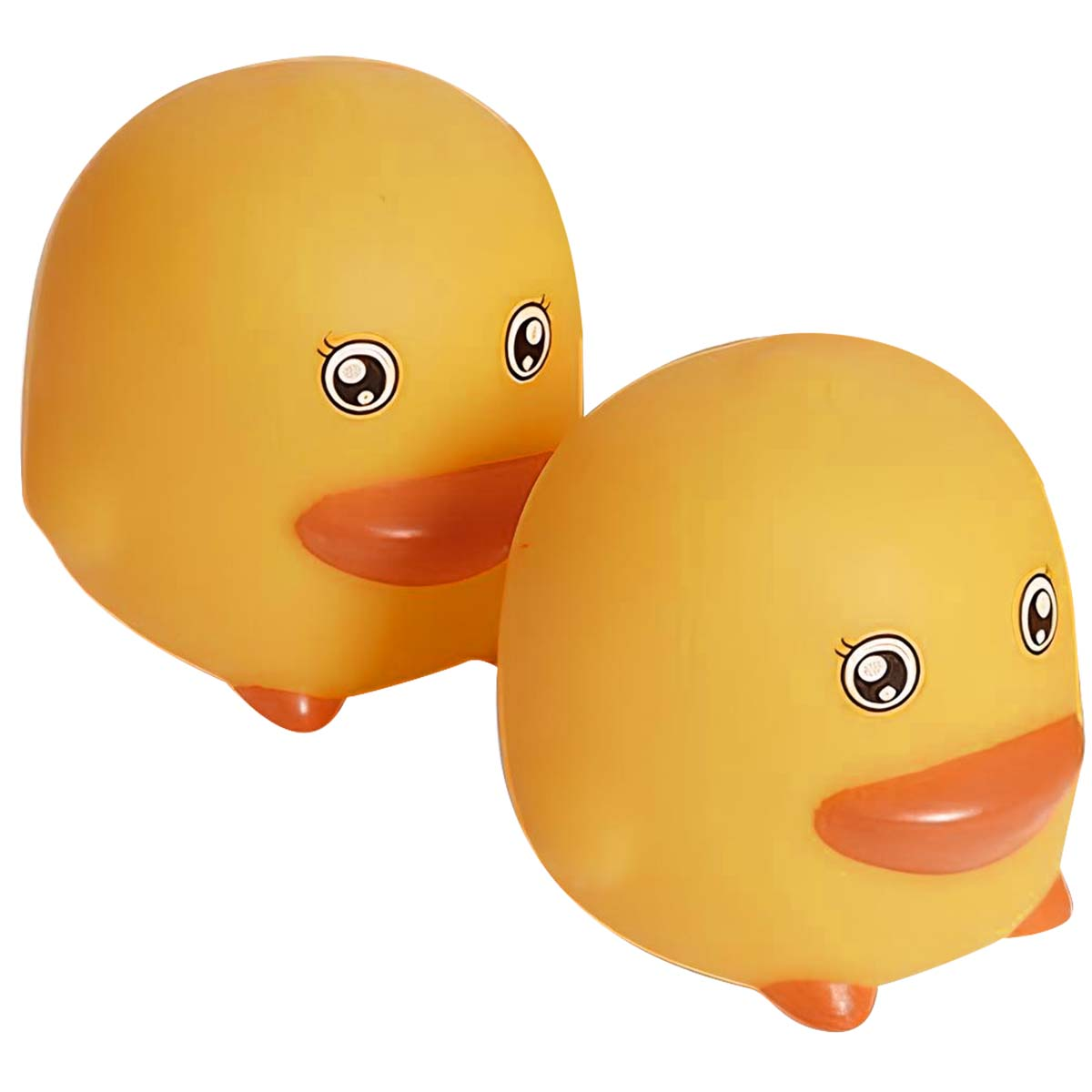 Due paperelle di gomma gialle con occhi e becchi dipinti.