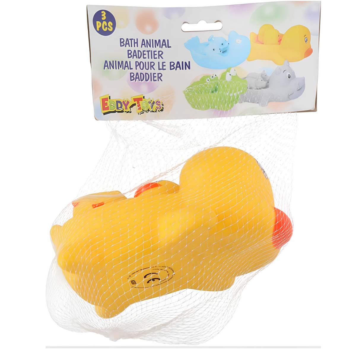 Anatra di gomma gialla per bagnetto in rete. La confezione mostra ippopotamo blu, anatra gialla, rana verde, ippopotamo grigio.