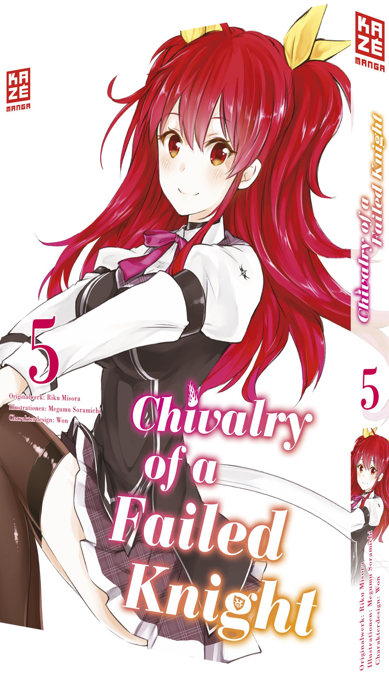 Couverture manga: Fille anime cheveux rouges, uniforme scolaire. Titre: Chivalry of a Failed Knight.