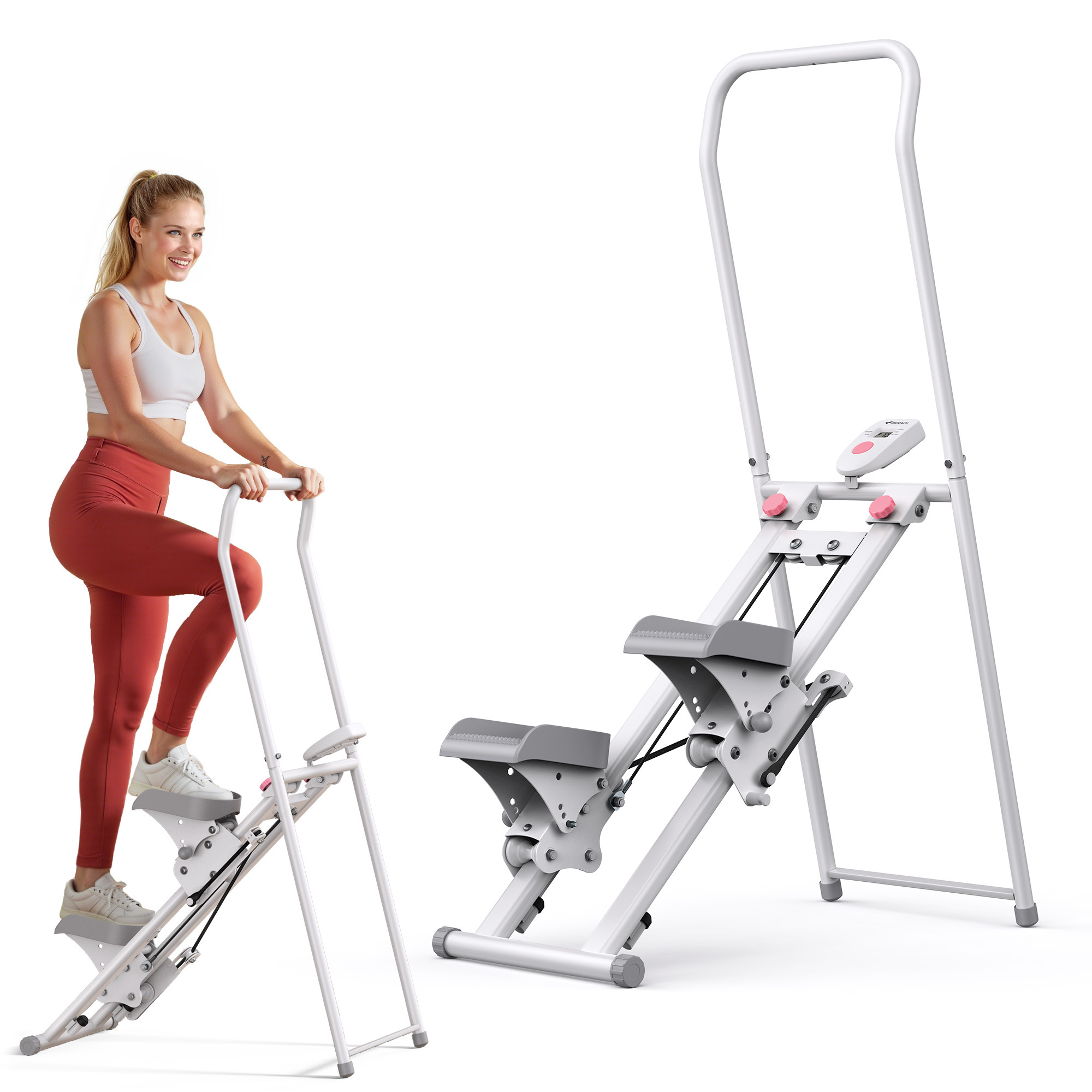 Eine Frau in einem weißen Sport-BH und roten Leggings benutzt einen Stepper.