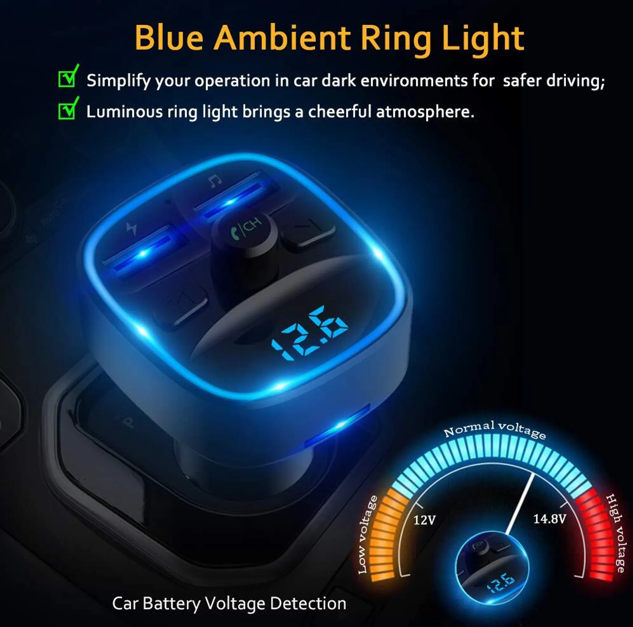 Blauer Ambient Ring Light mit Spannungsanzeige im Auto. Zeigt 12,6V an.