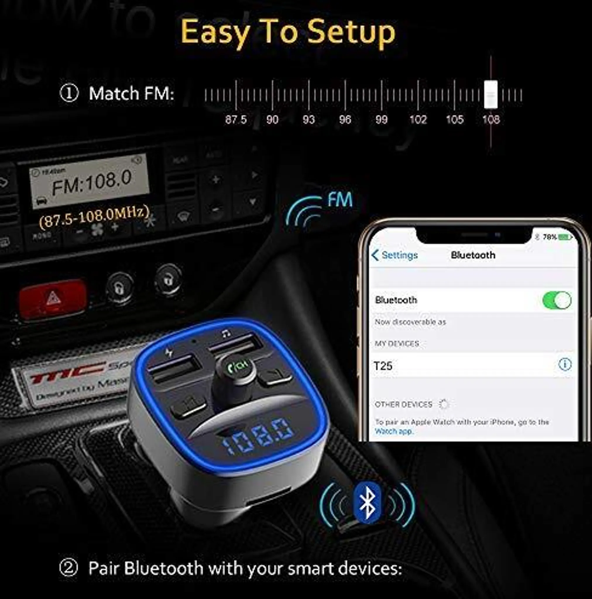 Ein FM-Sender mit Bluetooth-Funktion und ein Smartphone, das mit dem Auto verbunden ist.