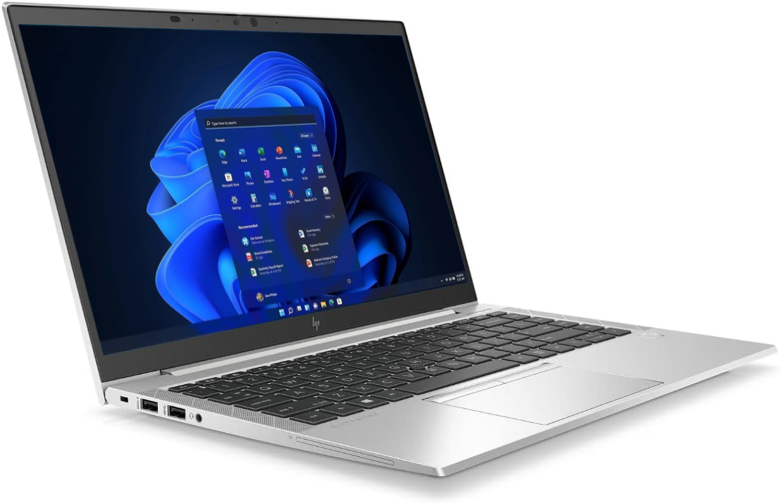 Ein silberner Laptop mit beleuchteter Tastatur und einem blauen Hintergrundbild.