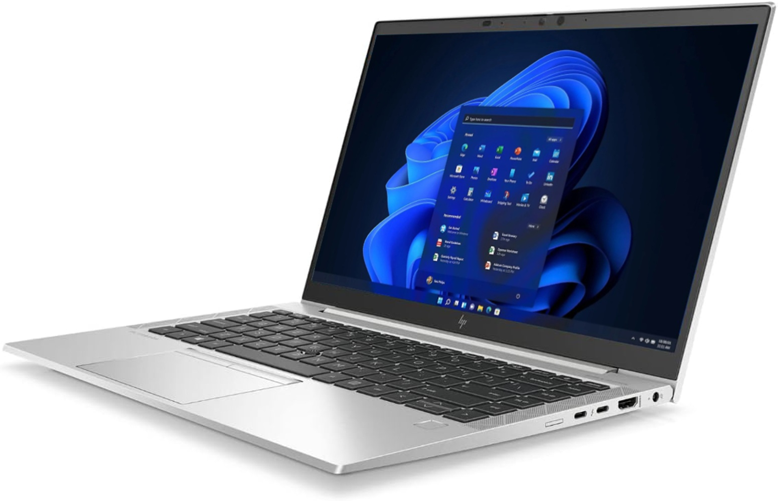 Ein silberner HP Laptop mit Windows 11 und einem blauen Hintergrundbild.