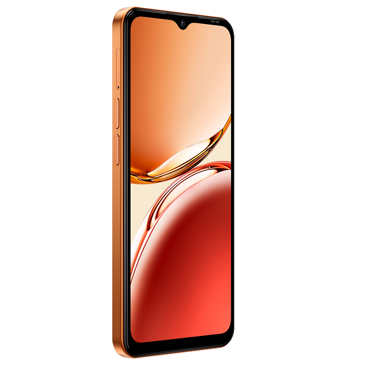 Ein orangefarbenes Smartphone mit einem tropfenförmigen Ausschnitt für die Kamera.