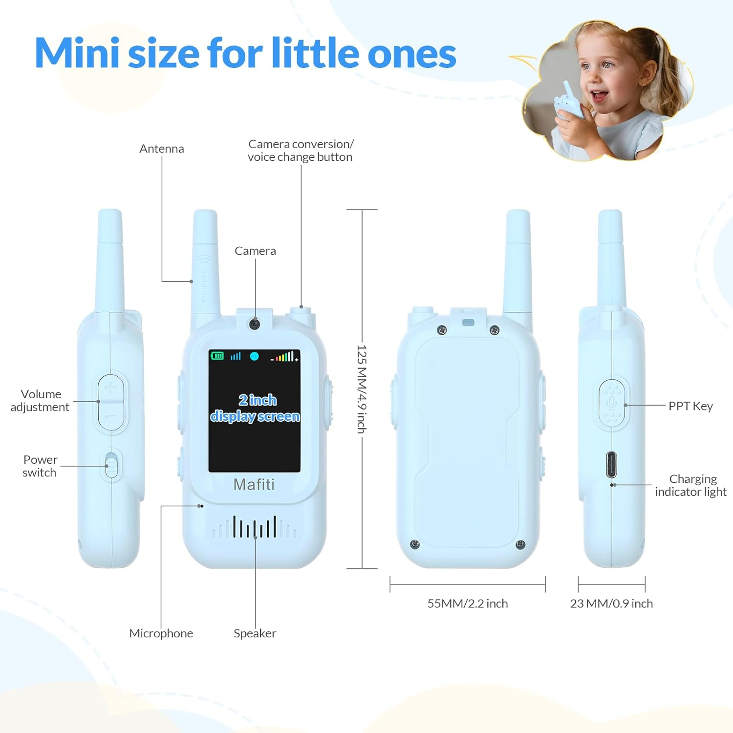 Ein hellblaues Walkie-Talkie für Kinder mit Antenne, Kamera und 2-Zoll-Bildschirm.