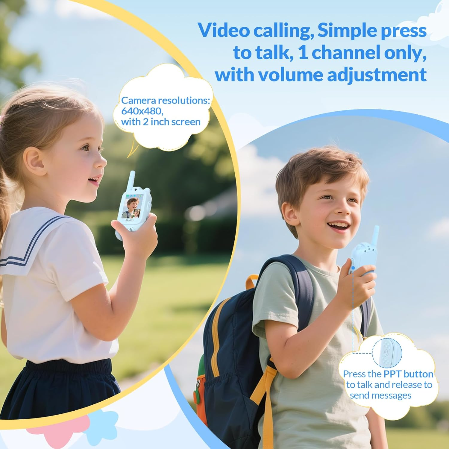 Zwei Kinder halten Walkie-Talkies. Text beschreibt Funktionen wie Videoanrufe und Kameraauflösung.