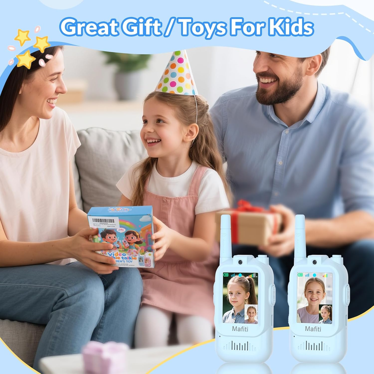 Familie tauscht Geschenke aus, Kinder tragen Geburtstagshüte, Walkie-Talkies im Vordergrund.