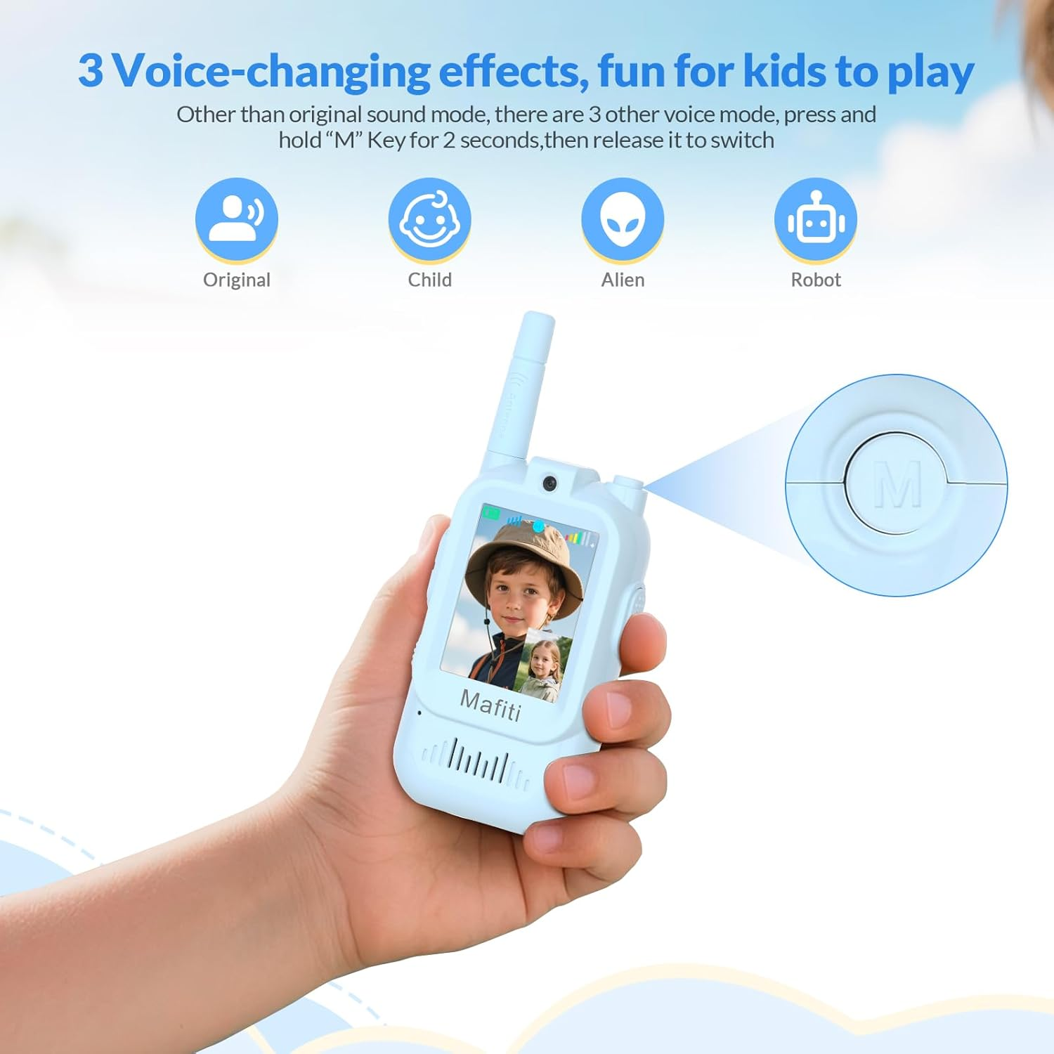 Ein blaues Walkie-Talkie mit einem Bild von Kindern, das Stimmenwechsel-Effekte zeigt.