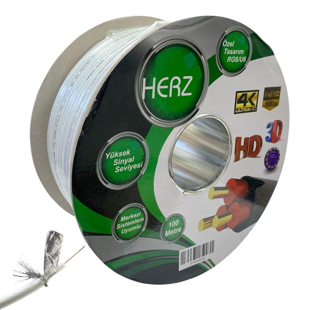 HERZ, 4K, HD, 3D ve 100 metre etiketli beyaz kablo makarası.