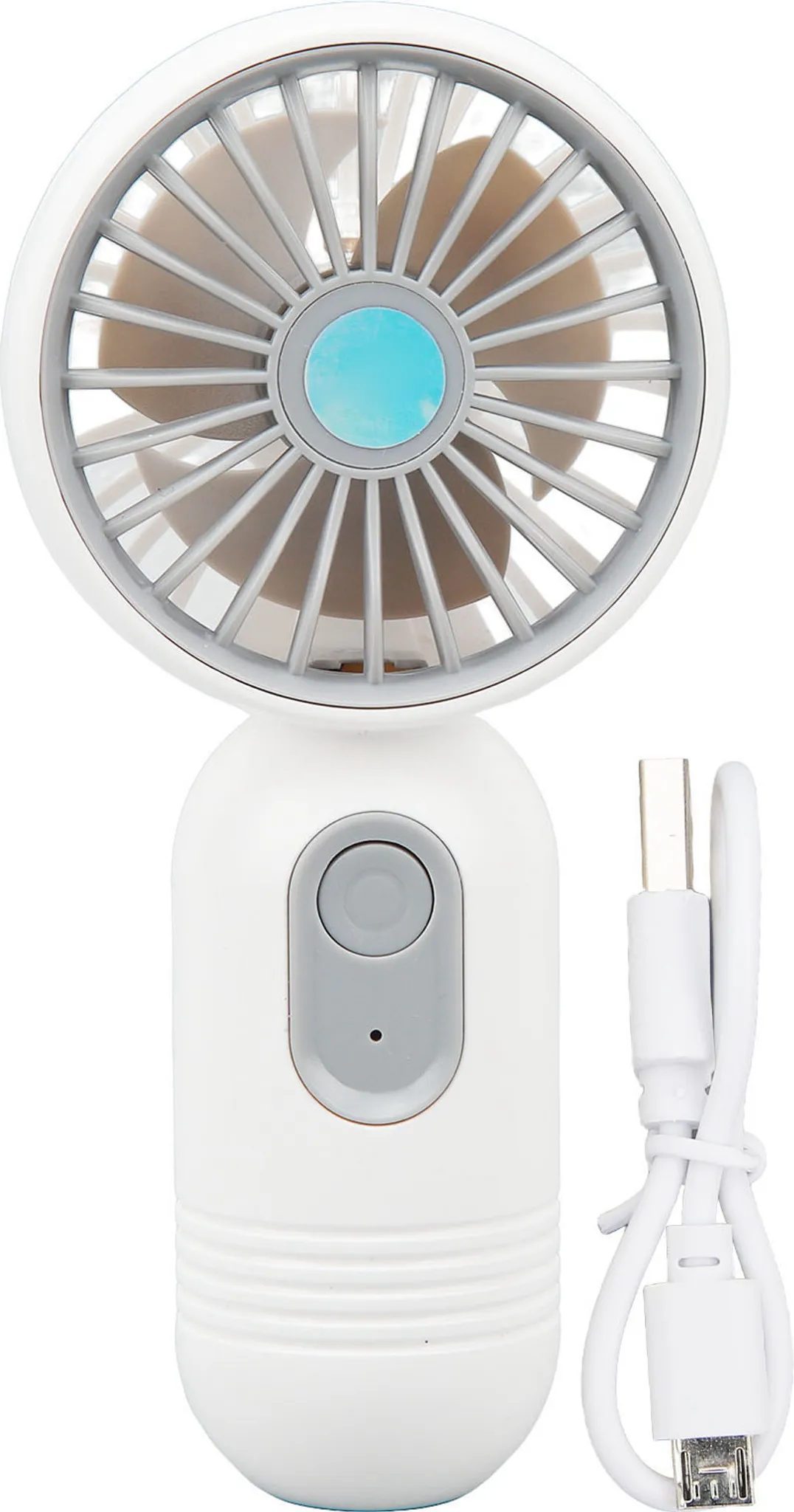 Ein weißer tragbarer Ventilator mit grauen Blättern und blauer Mitte. Ein USB-Kabel liegt daneben.