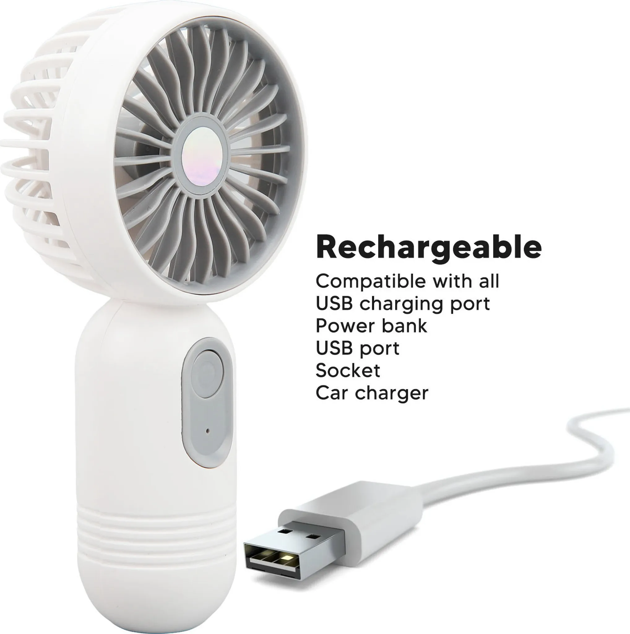 Ein weißer Handventilator mit grauen Flügeln und einem USB-Kabel.