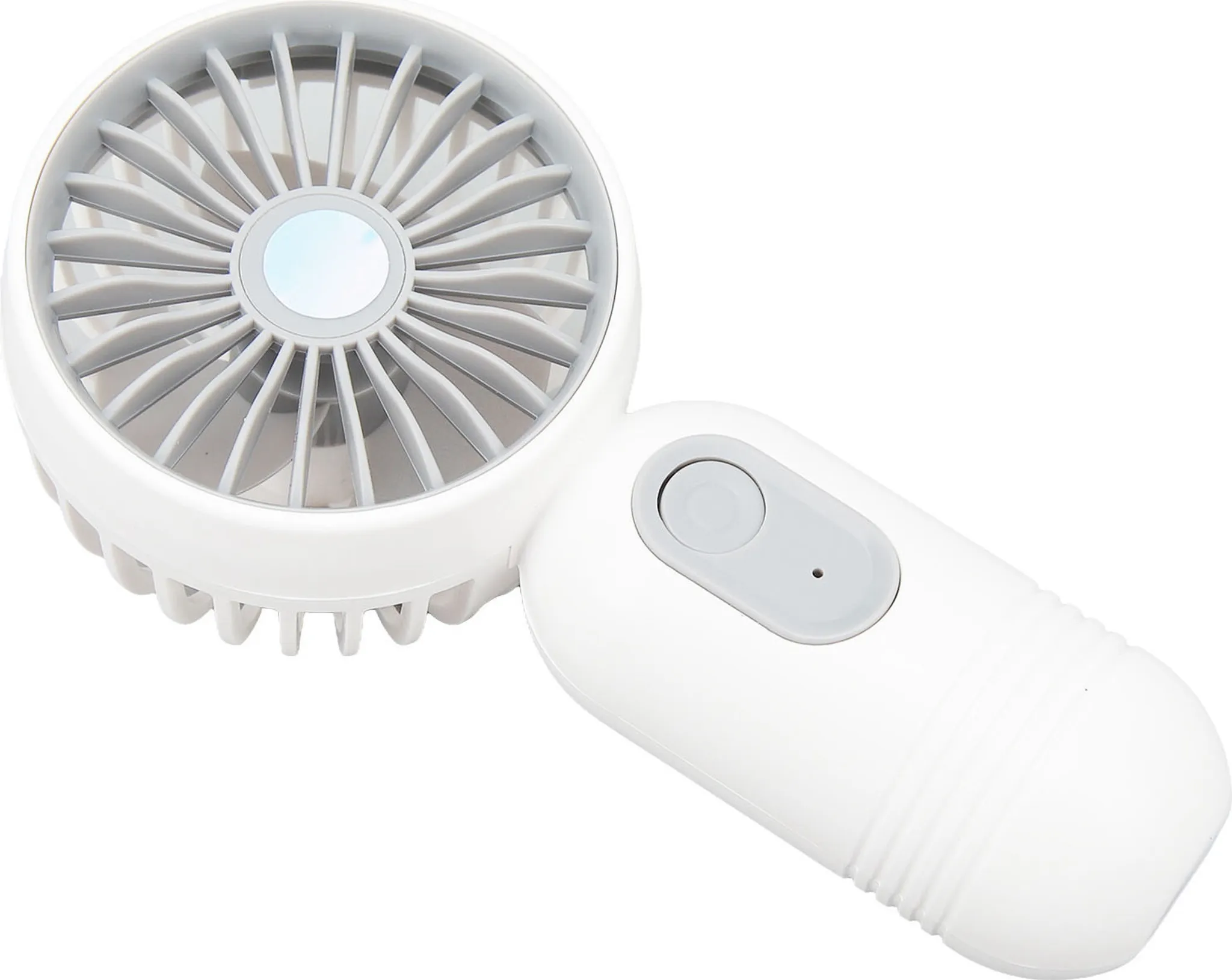 Ein weißer Handventilator mit grauen Flügeln und einem grauen Knopf.