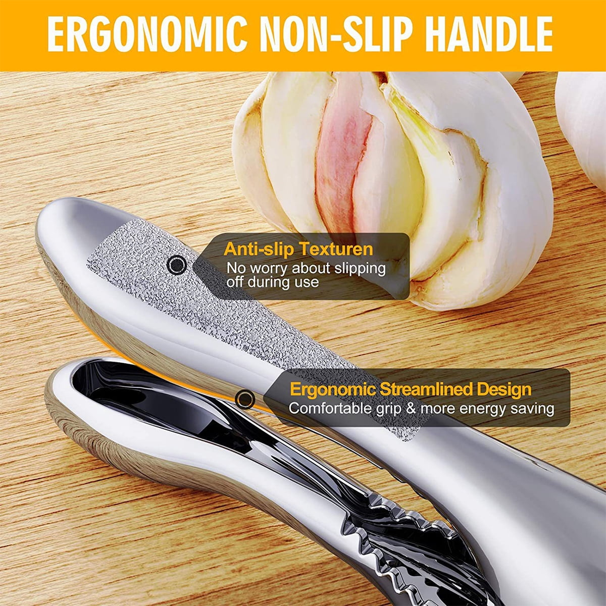 Ergonomischer Griff mit Anti-Rutsch-Textur und Knoblauch auf Holz.