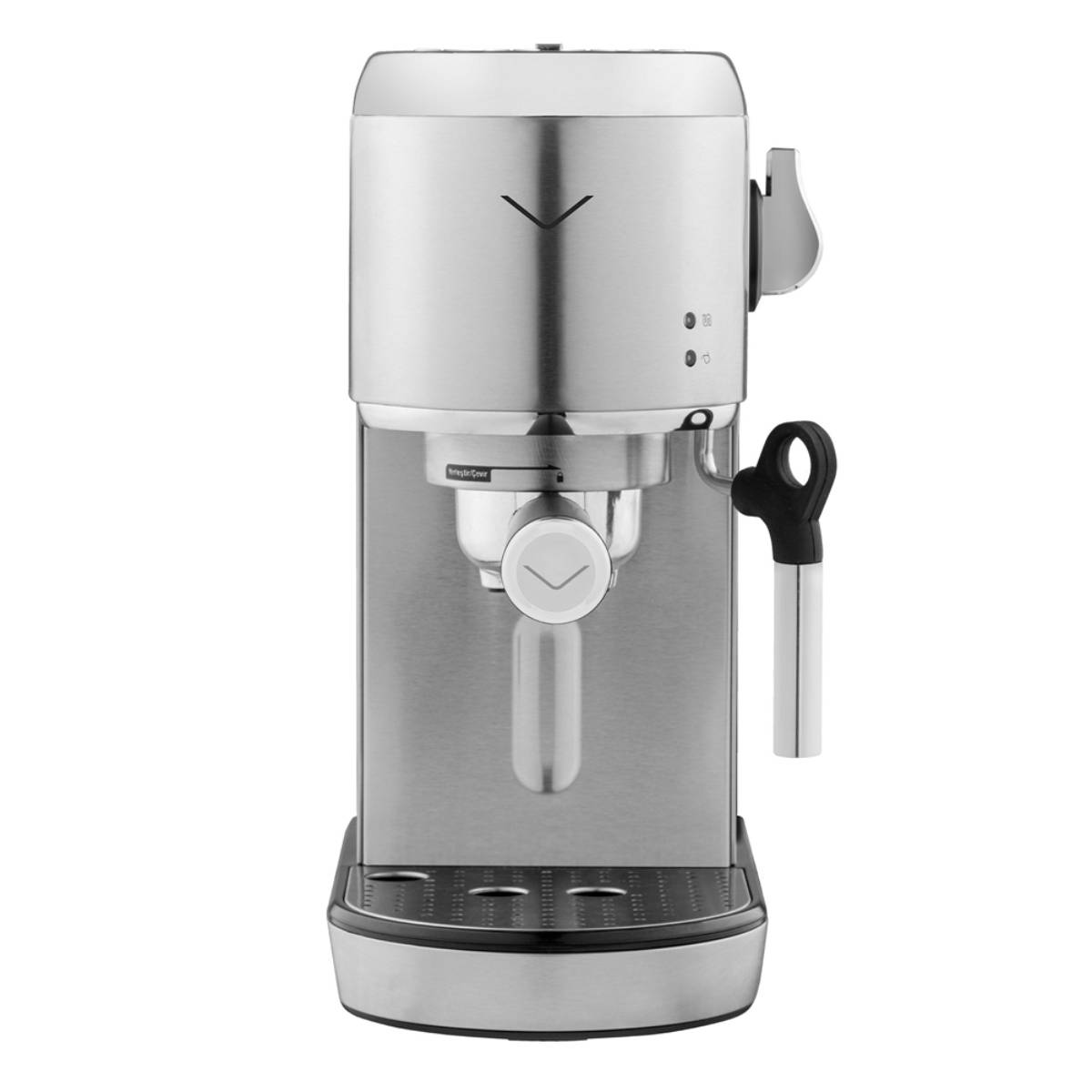 Beyaz arka plan üzerinde siyah saplı ve gümüş aksanlı gümüş espresso makinesi.