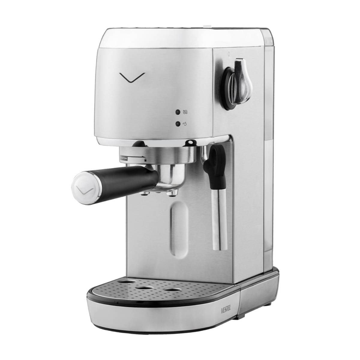 Gümüş espresso makinesi, siyah saplı ve damlama tepsili.
