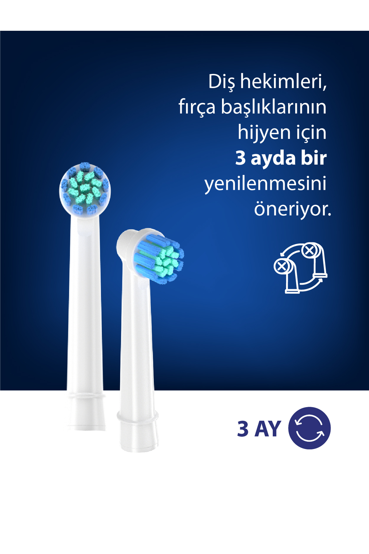 Mavi ve yeşil kıllı iki beyaz diş fırçası başlığı, koyu mavi arka planda.