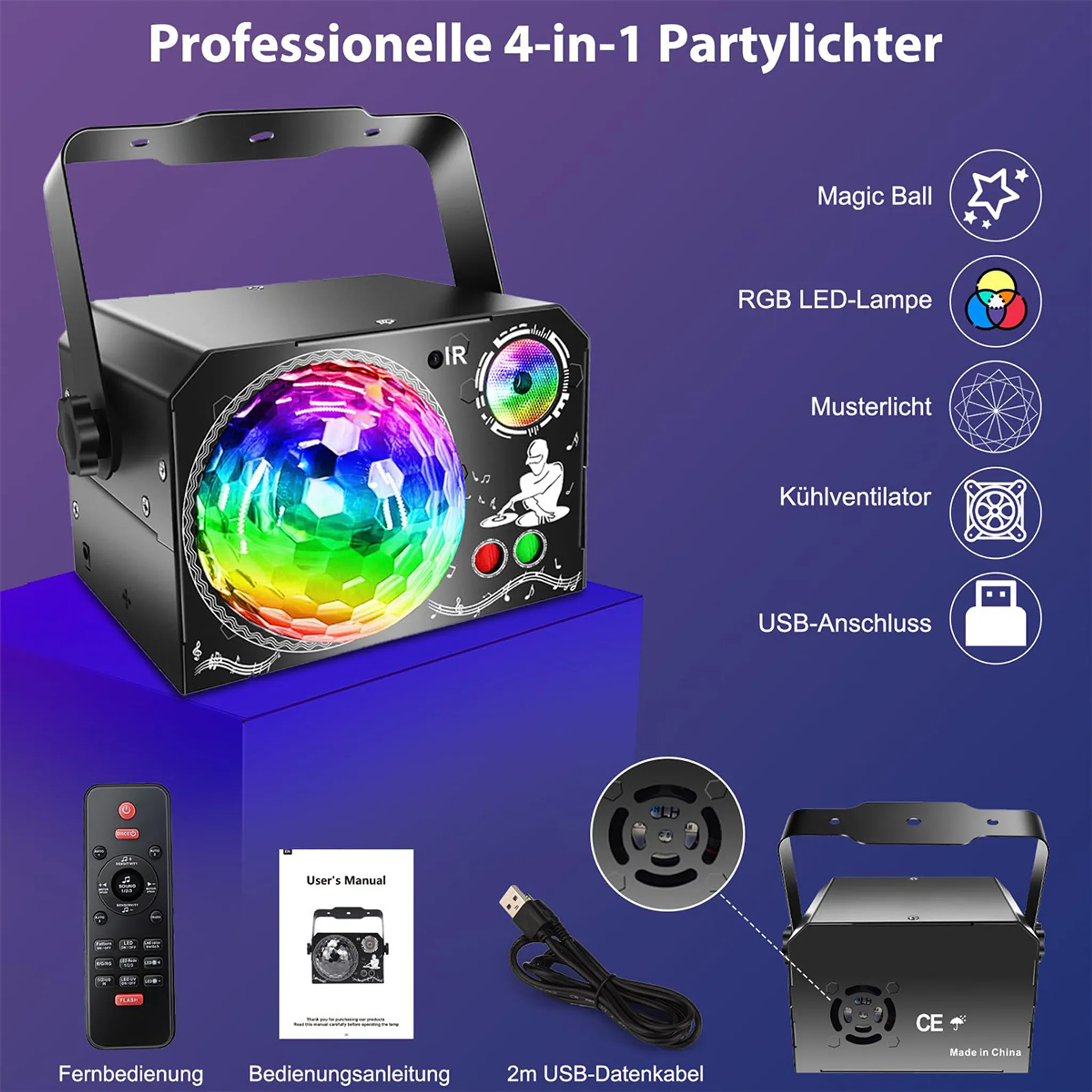 Vier in eins Partylicht mit Magischem Ball, RGB LED, Musterlicht, Lüfter und USB.