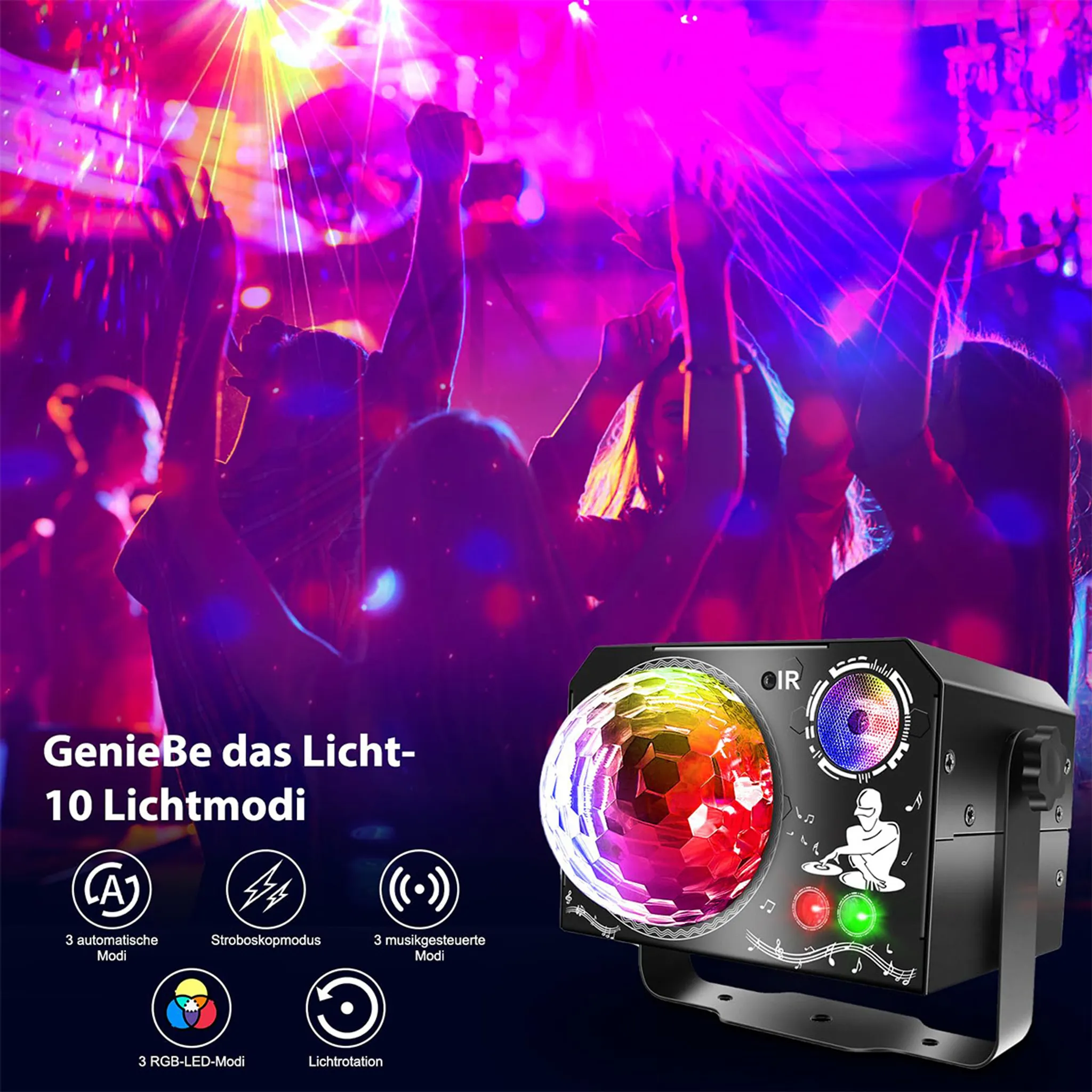Eine Discokugel-Lichtshow mit tanzenden Menschen und einem Lichteffektgerät.