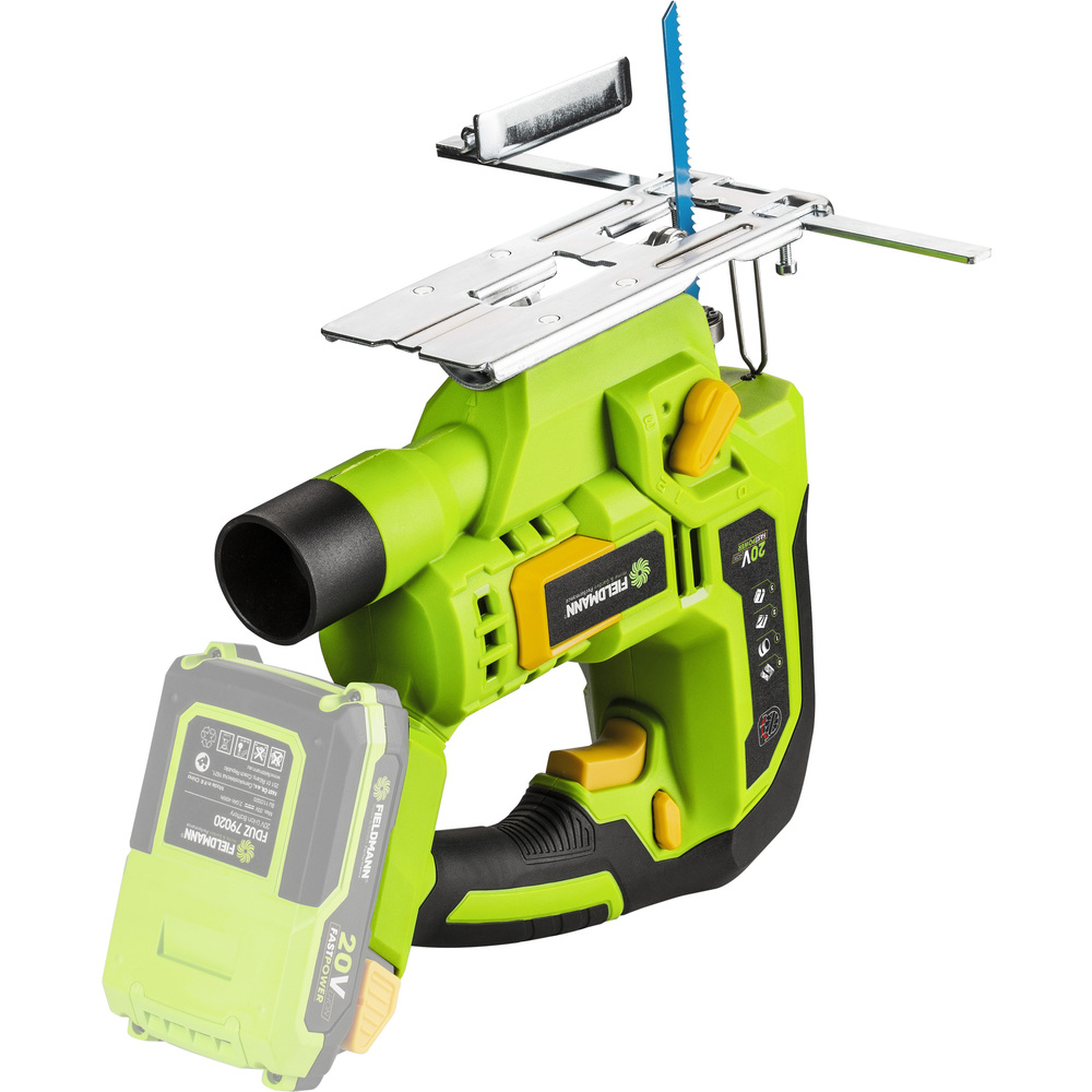 Seghetto alternativo cordless verde e nero con lama blu e batteria.