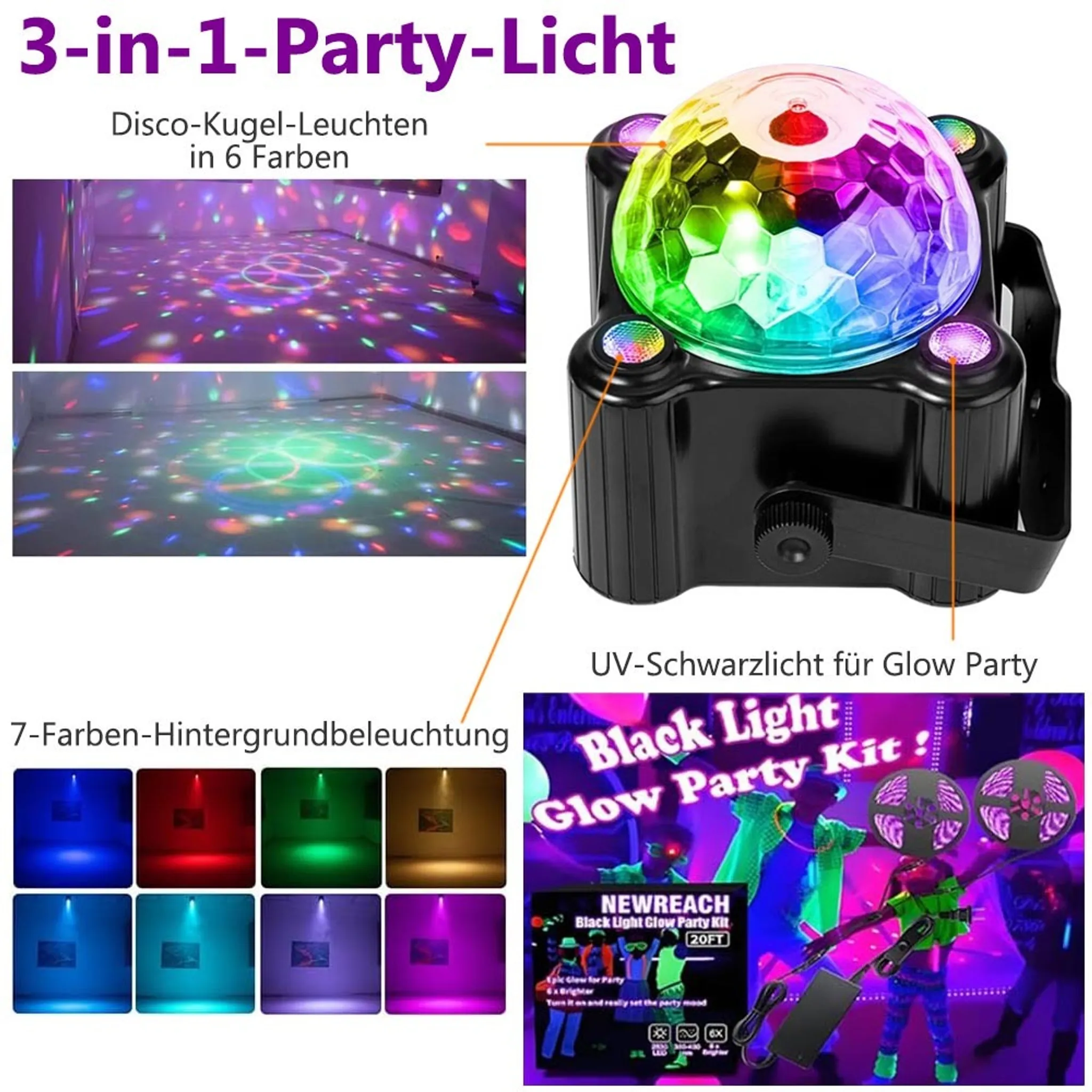 Produktcollage mit Party-Lichtern: Disco-Kugel, 7-Farben-Hintergrundbeleuchtung und Black Light.