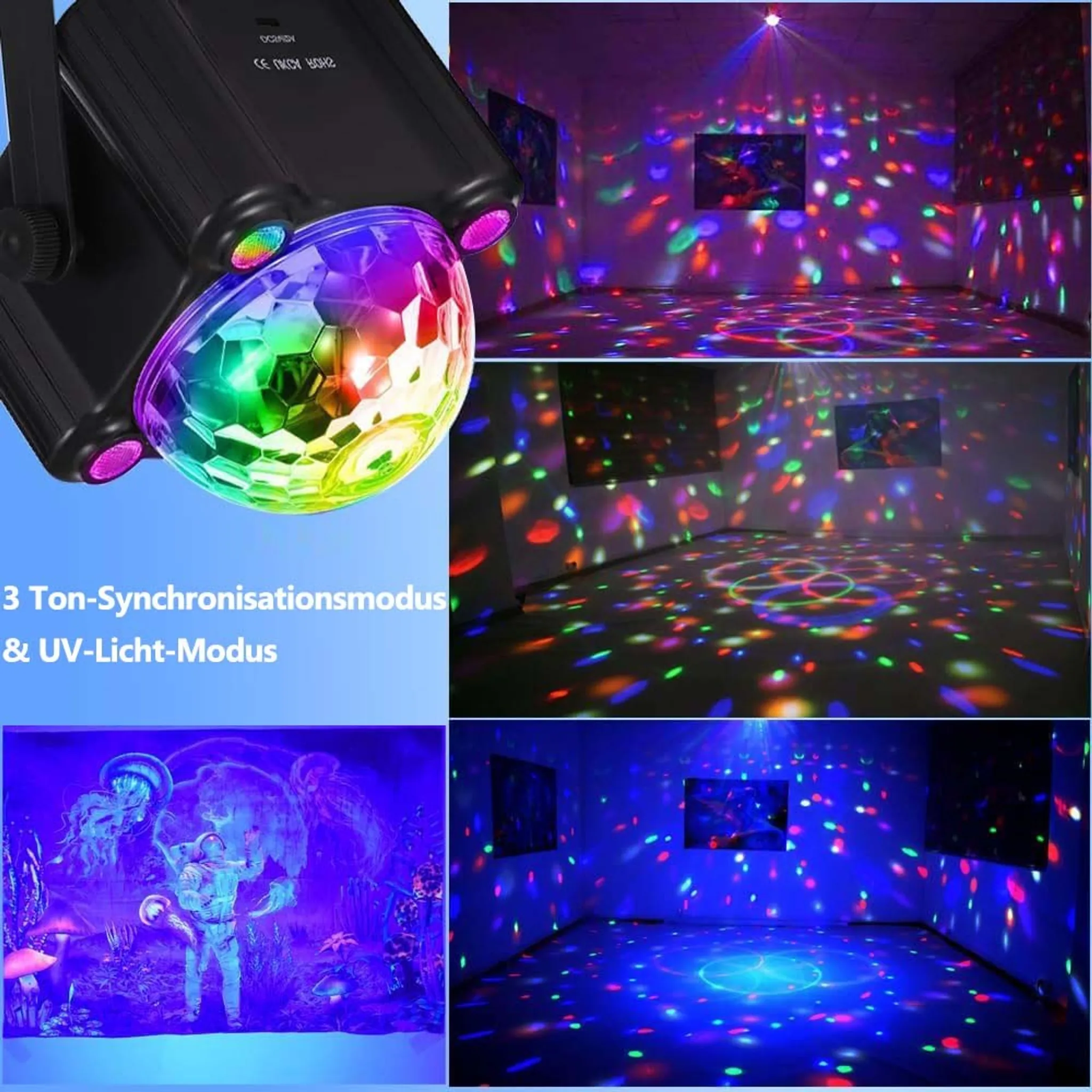 Eine Discokugel wirft bunte Punkte an Wände & Boden. UV-Astronautenbild.