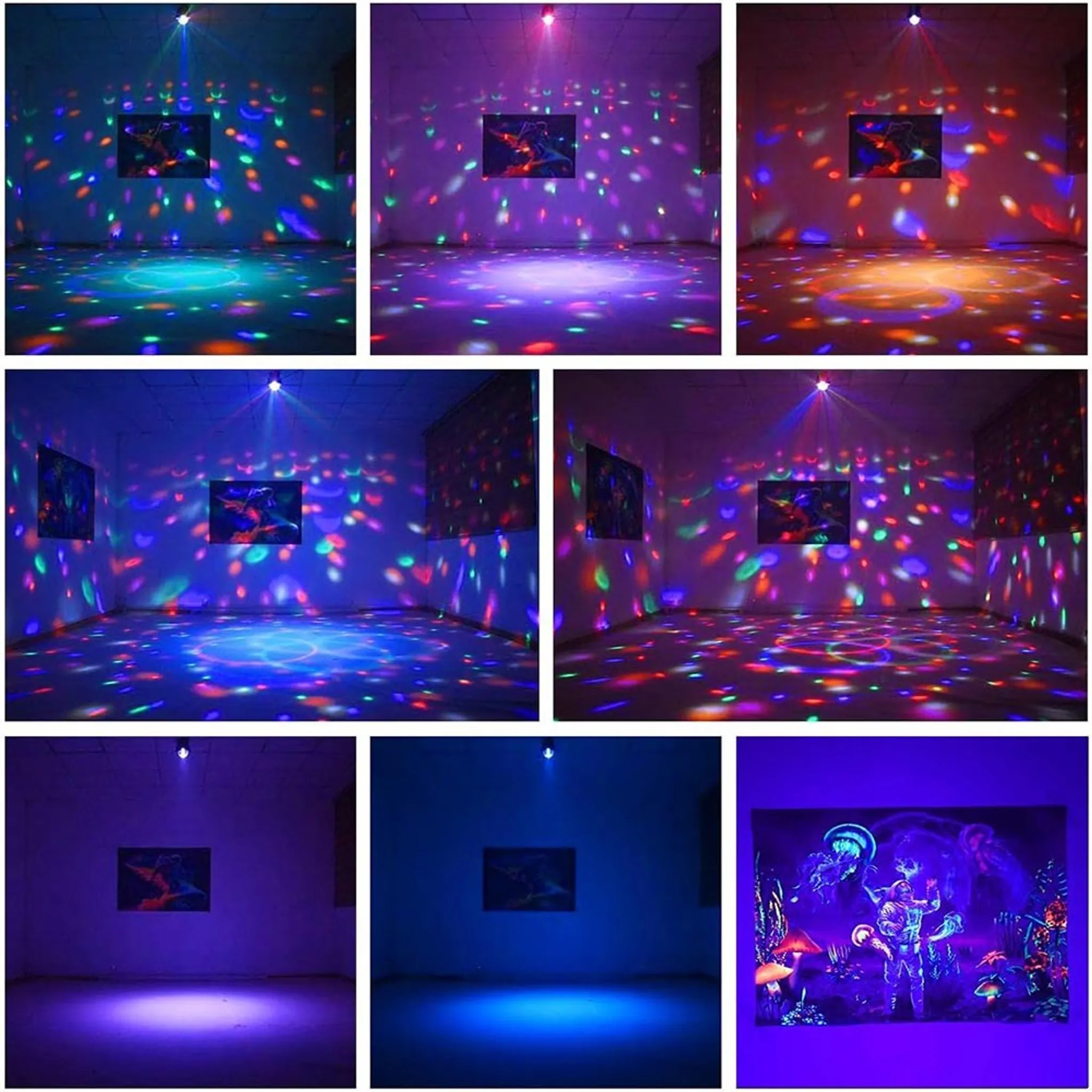 Bunte Lichter tanzen an Wänden und Boden eines leeren Raumes.